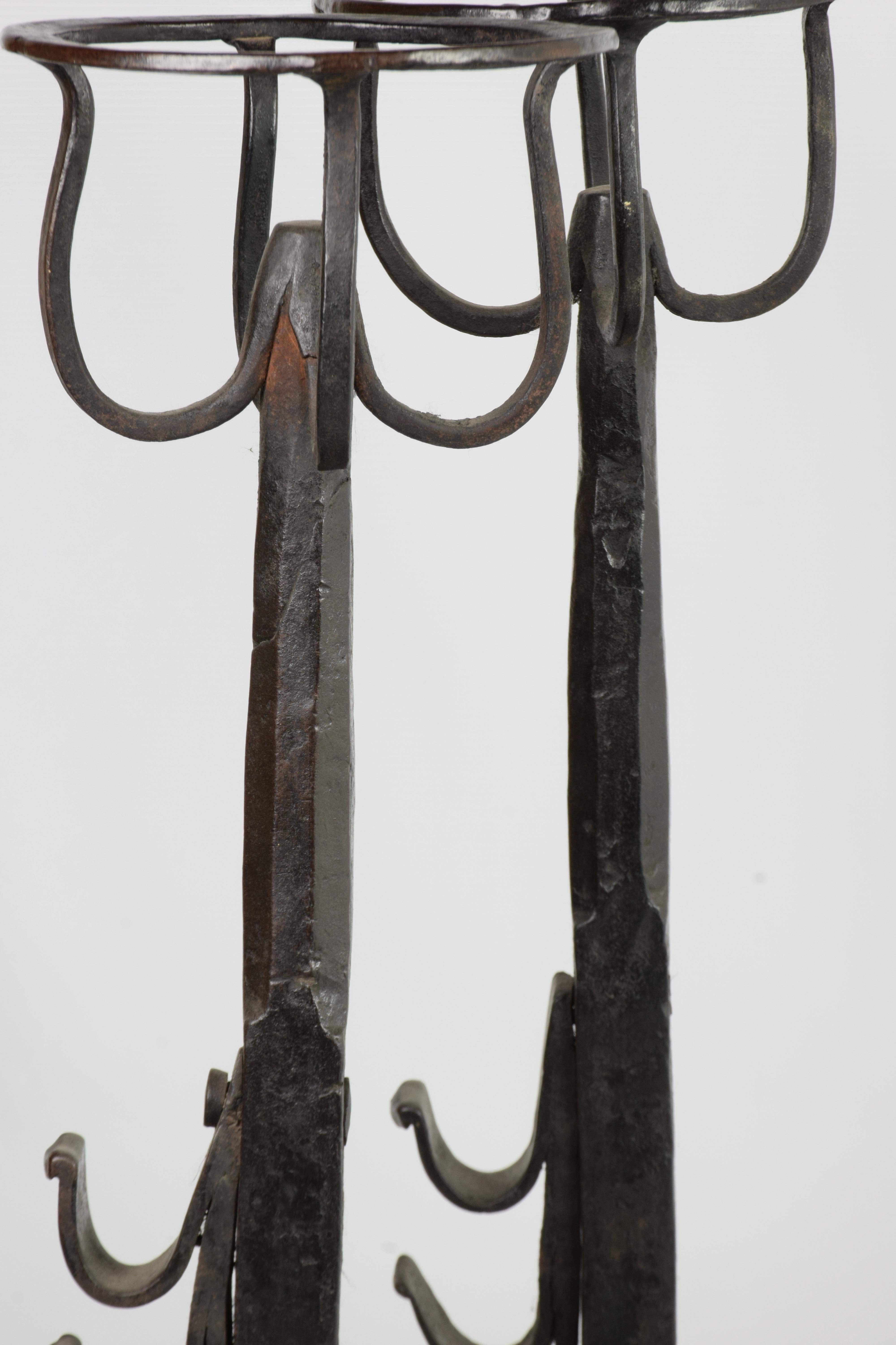 Pair of Italian Wrought Iron Andirons with Food Warmer Late 16th Century Black For Sale 5