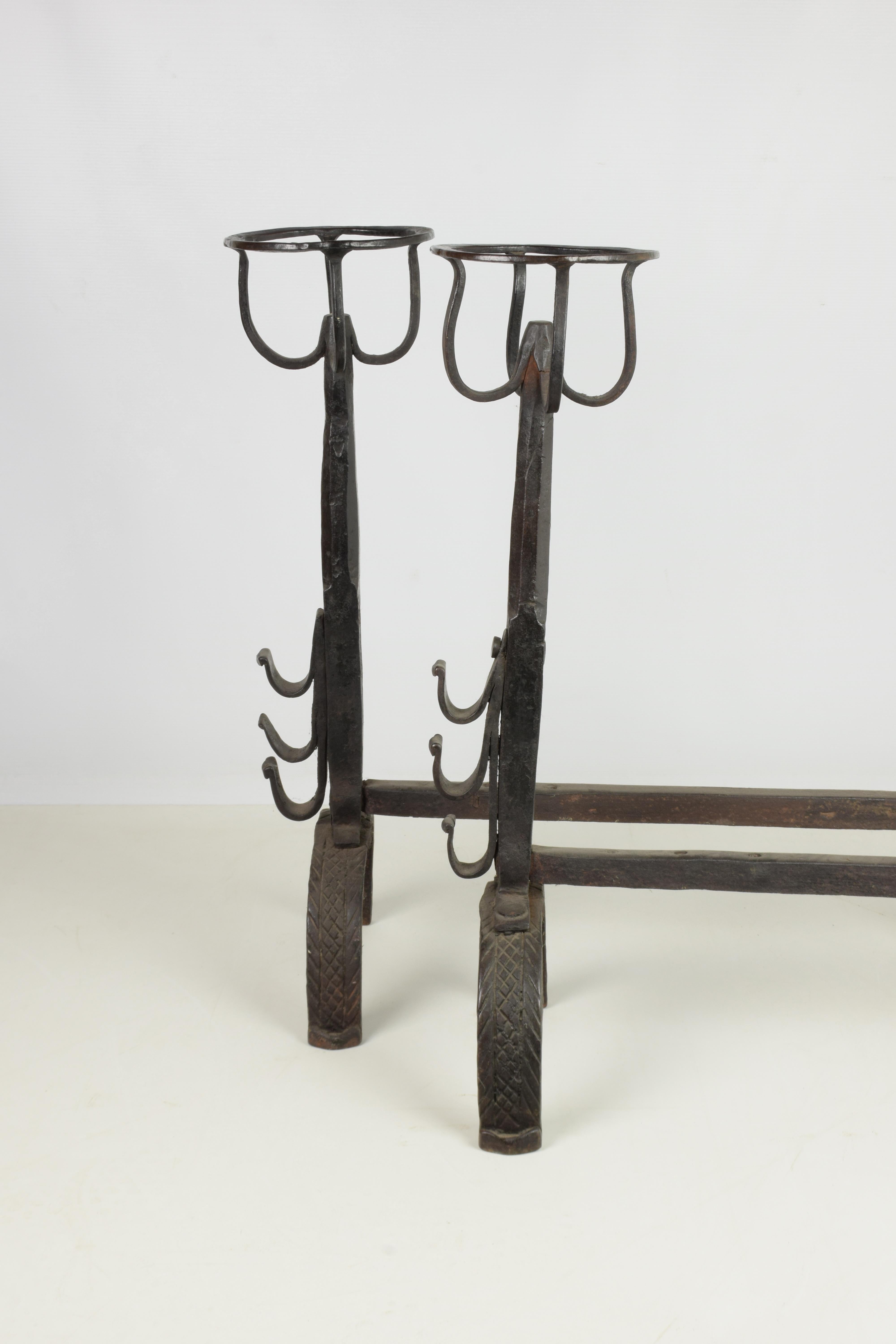Pair of Italian Wrought Iron Andirons with Food Warmer Late 16th Century Black For Sale 1