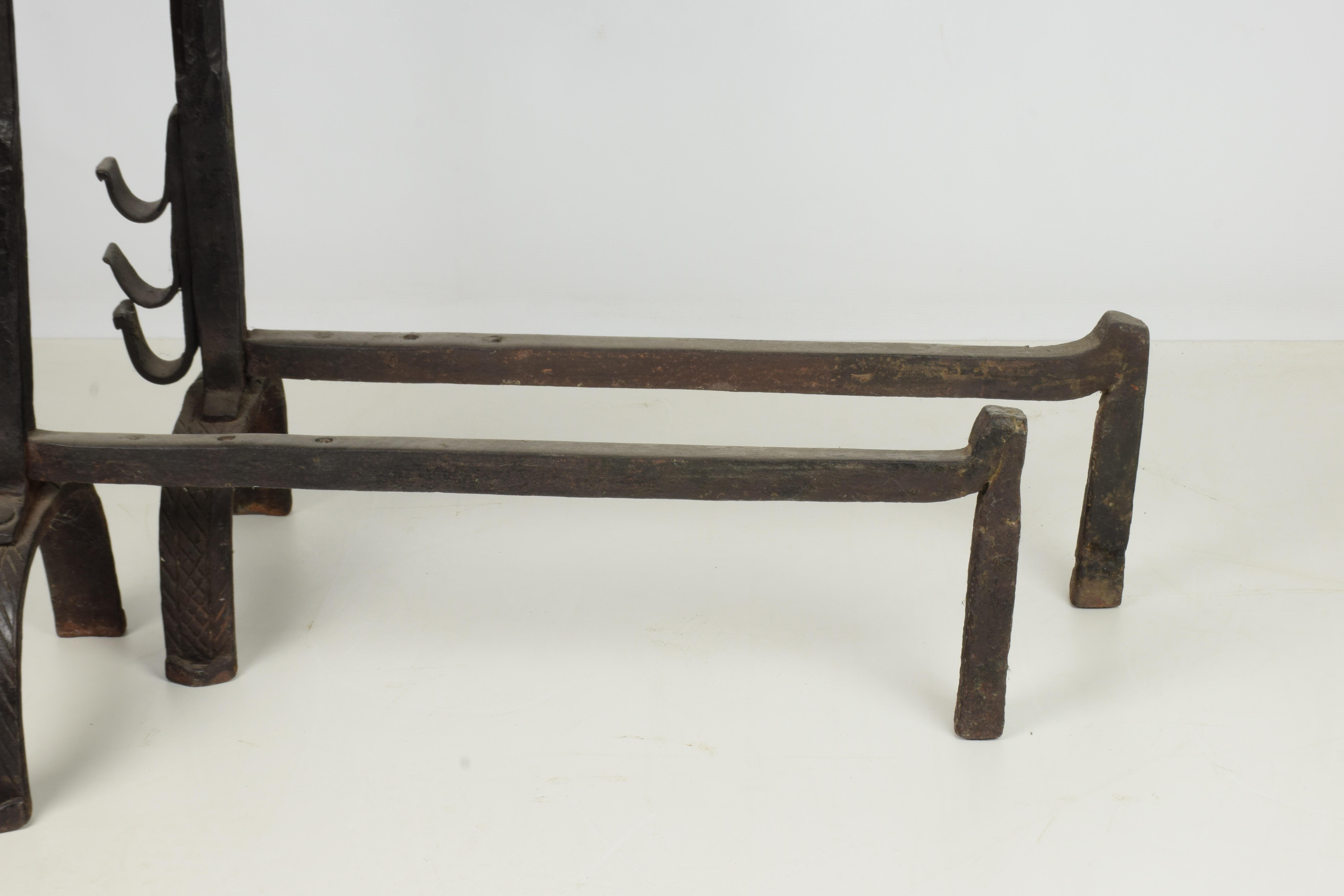 Pair of Italian Wrought Iron Andirons with Food Warmer Late 16th Century Black For Sale 4
