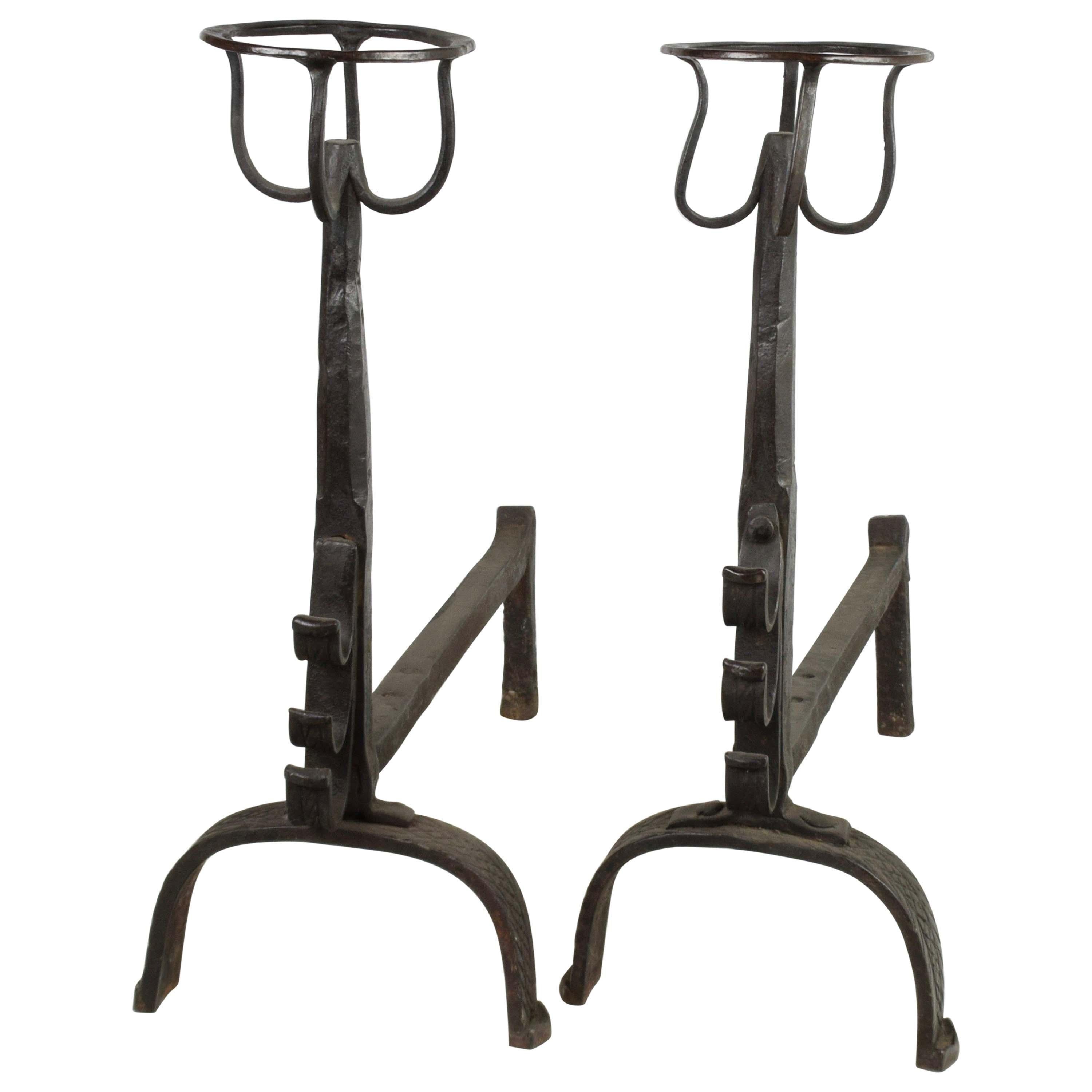 Pair of Italian Wrought Iron Andirons with Food Warmer Late 16th Century Black For Sale