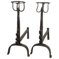Antique Pair of Italian Wrought Iron Andirons with Food Warmer Late 16th Century Black