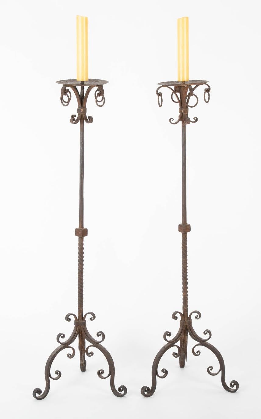 Hand-Crafted Pair of Spanish Wrought Iron Baroque Style Torcheres