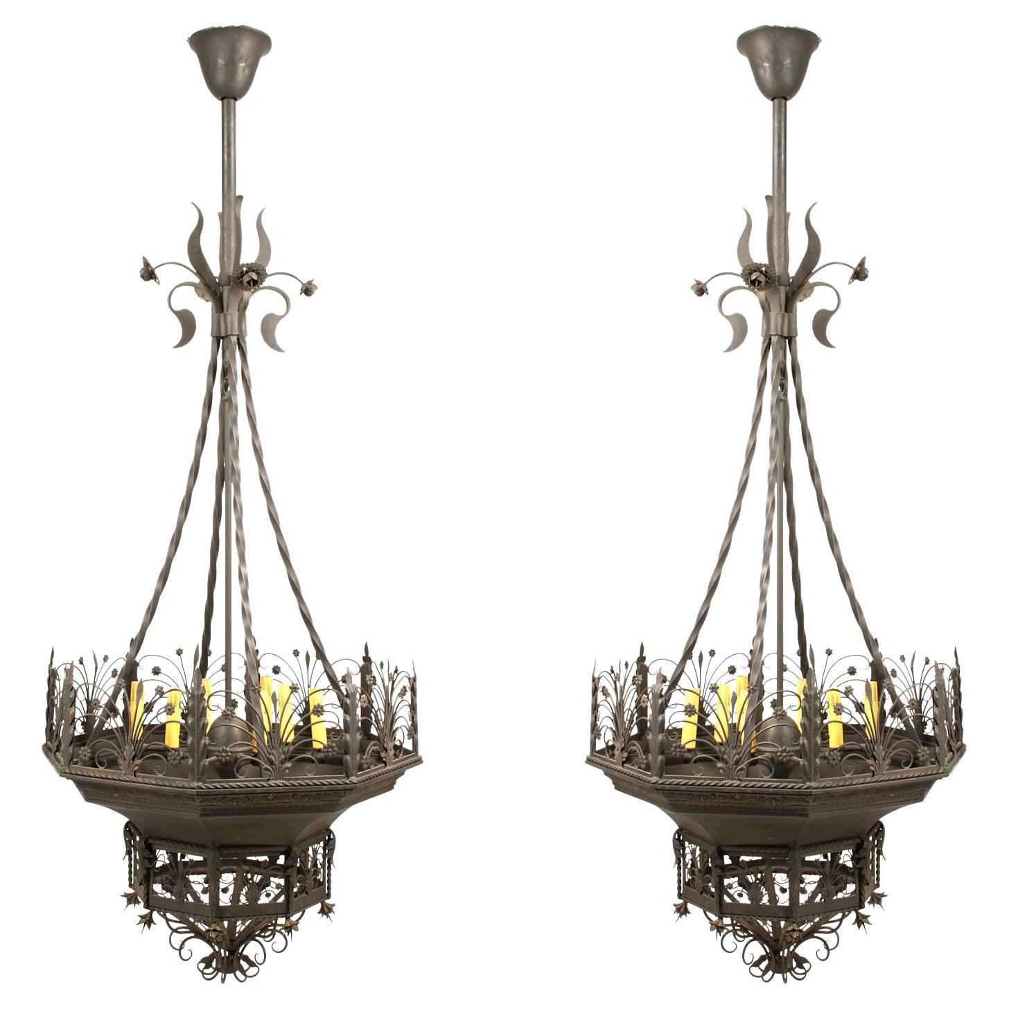 Pair of Italian Wrought Iron Chandeliers, 6 Lights For Sale