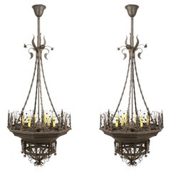 Coppia di lampadari italiani in ferro battuto, 6 luci