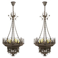 Vintage Pair of Italian Wrought Iron Chandeliers, 6 Lights