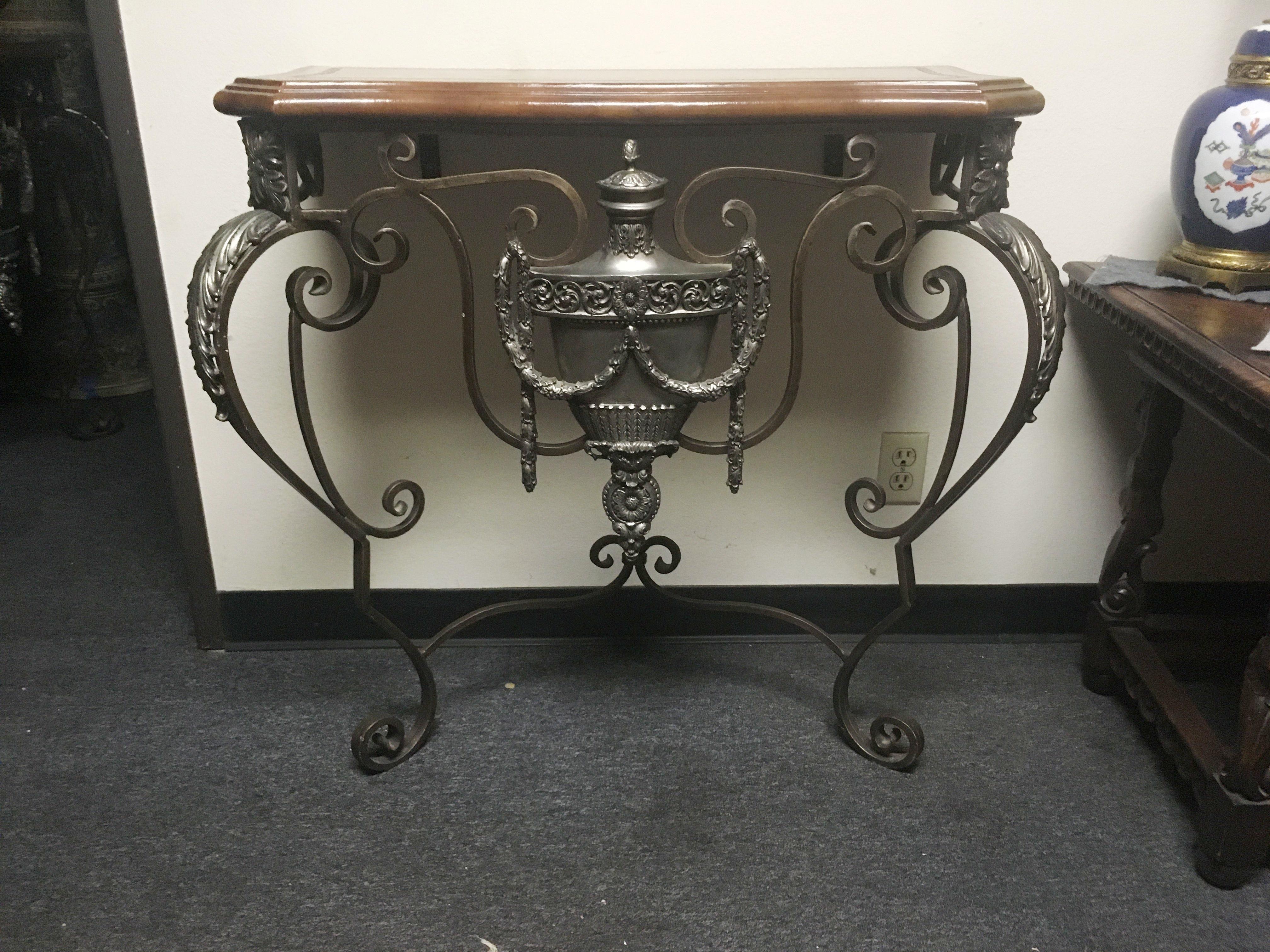 Pair of Italian Wrought Iron Consoles with Leather Tops In Good Condition In Cypress, CA