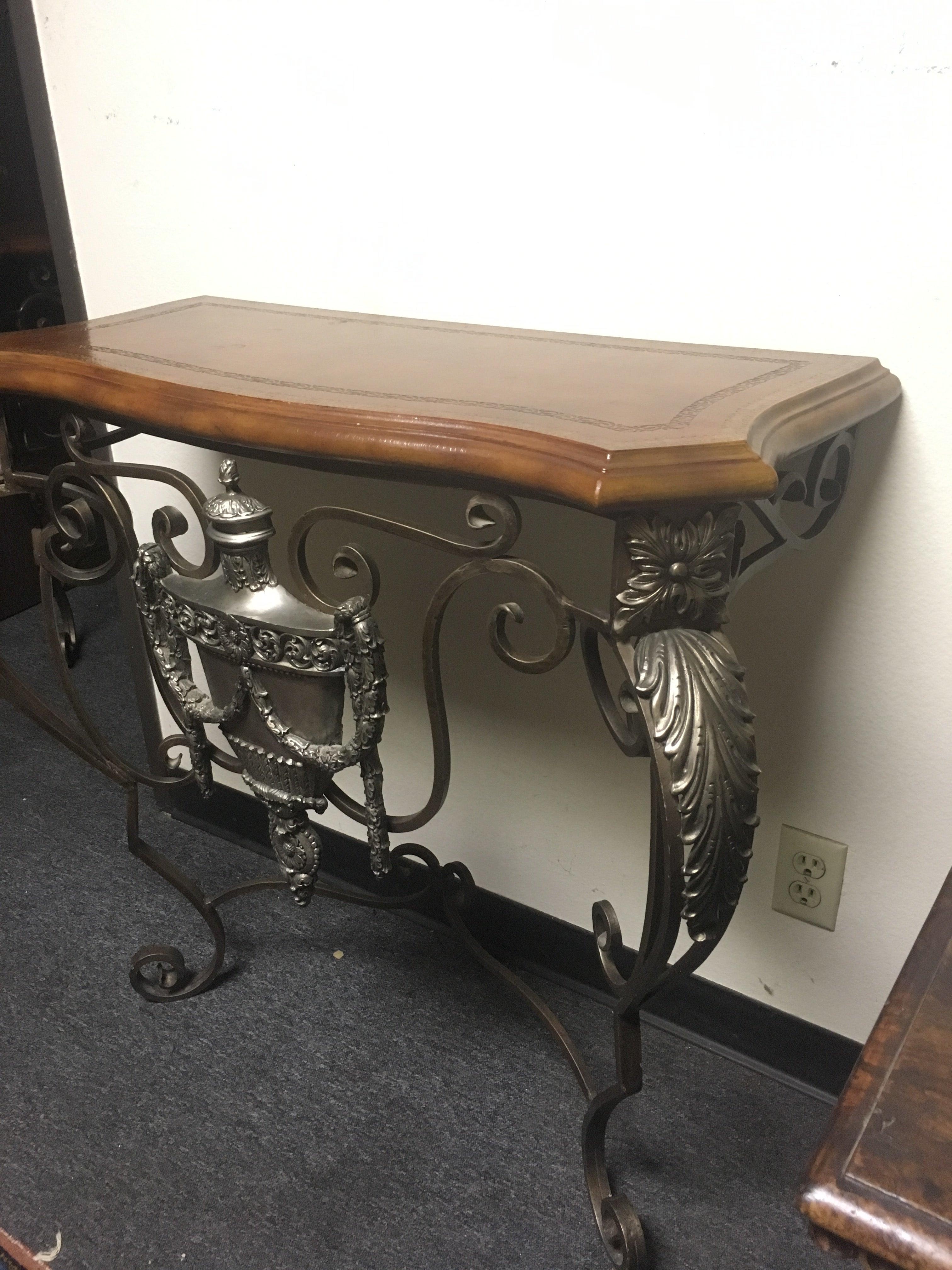 Pair of Italian Wrought Iron Consoles with Leather Tops 1