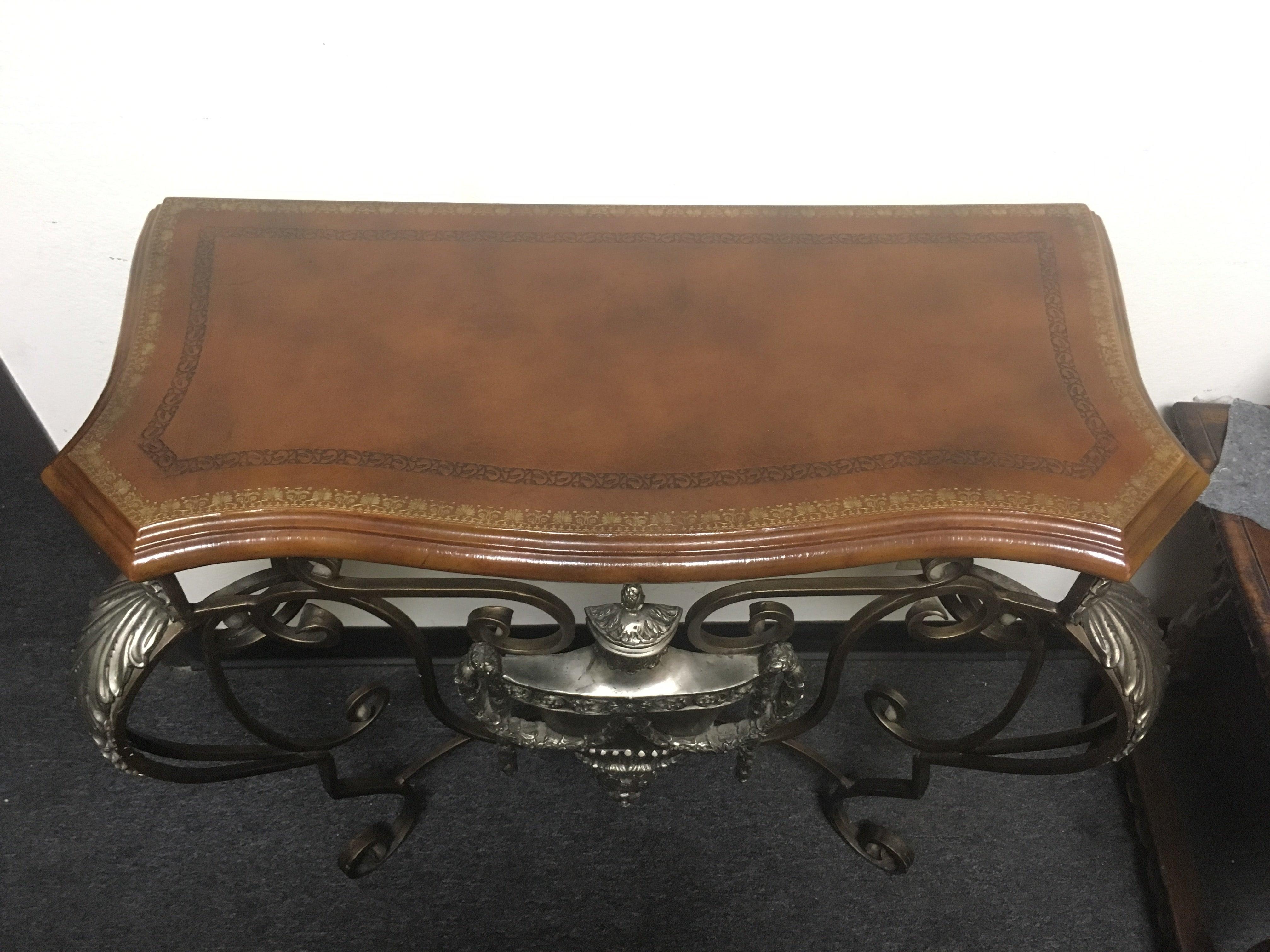 Pair of Italian Wrought Iron Consoles with Leather Tops 2