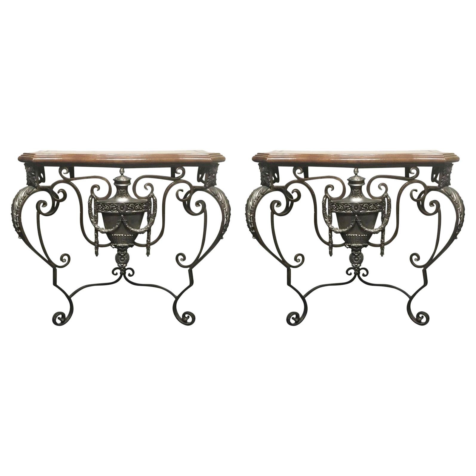 Pair of Italian Wrought Iron Consoles with Leather Tops