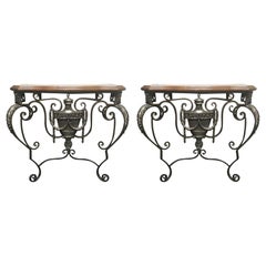 Pair of Italian Wrought Iron Consoles with Leather Tops