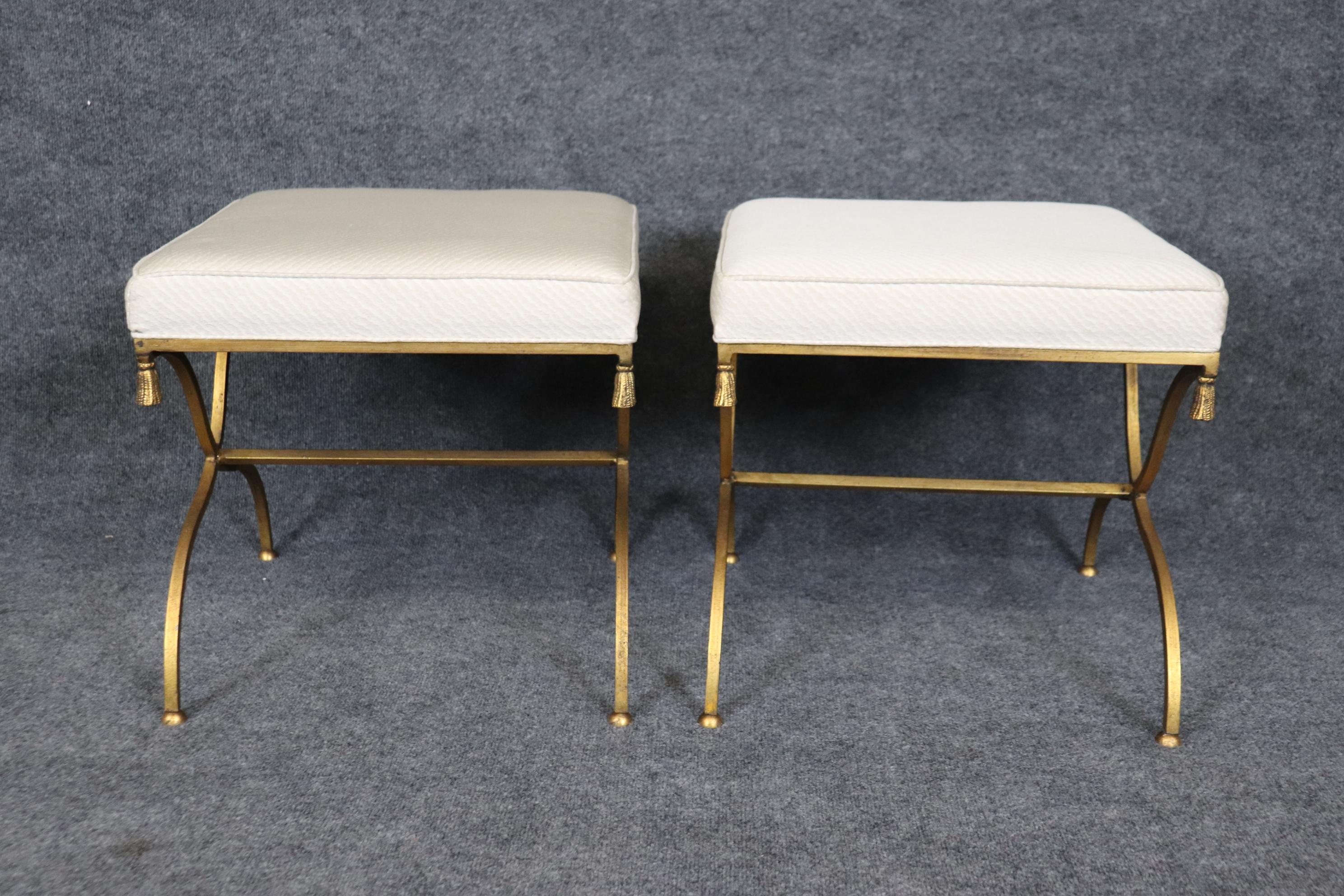 Mid-20th Century Pair of Italian Wrought Iron Gilded X Form Tassle Benchs Stools  For Sale