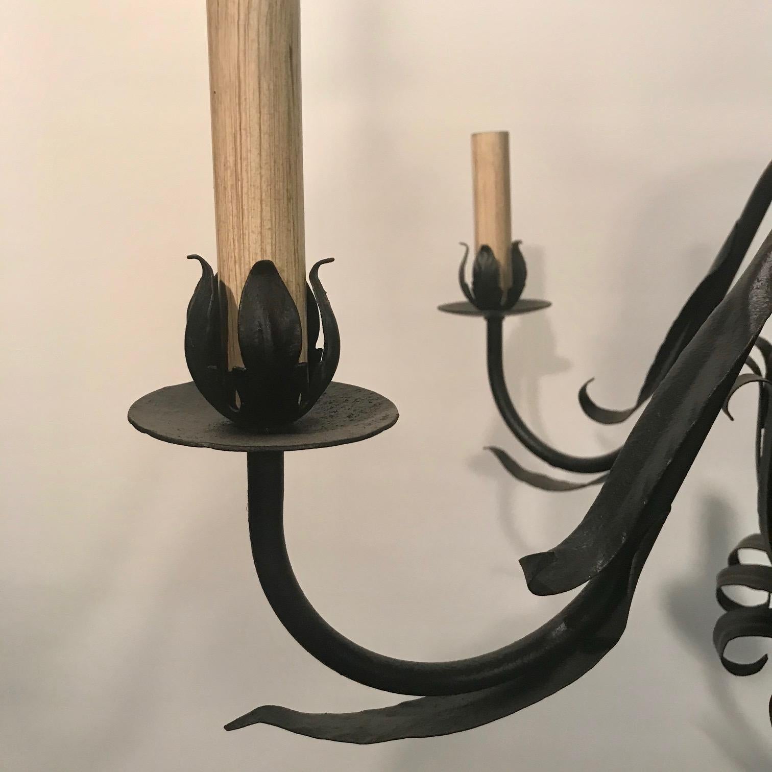 Hammered Pair of Italian Wrought- Iron Midcentury Six-Light Chandeliers For Sale