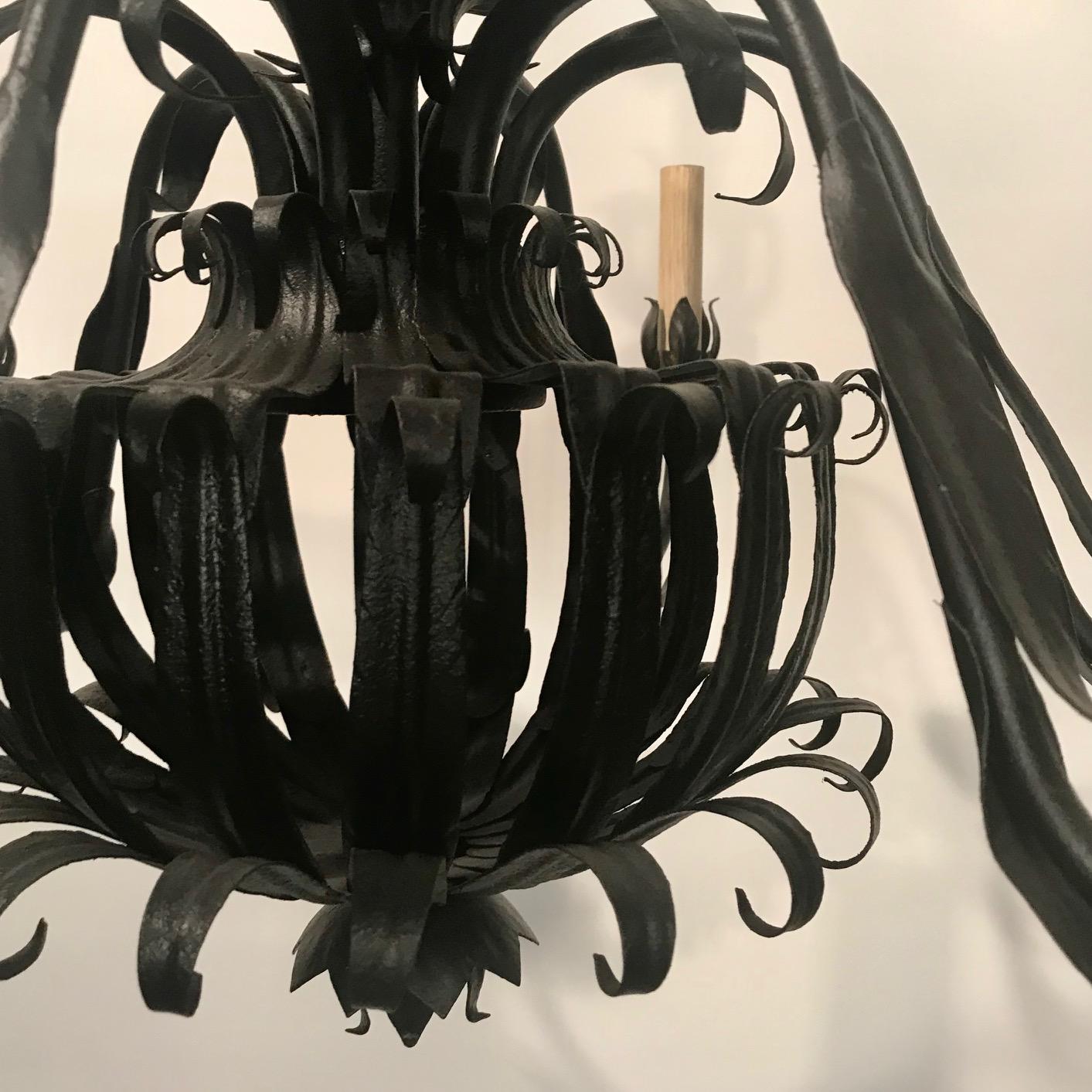 Metal Pair of Italian Wrought- Iron Midcentury Six-Light Chandeliers For Sale