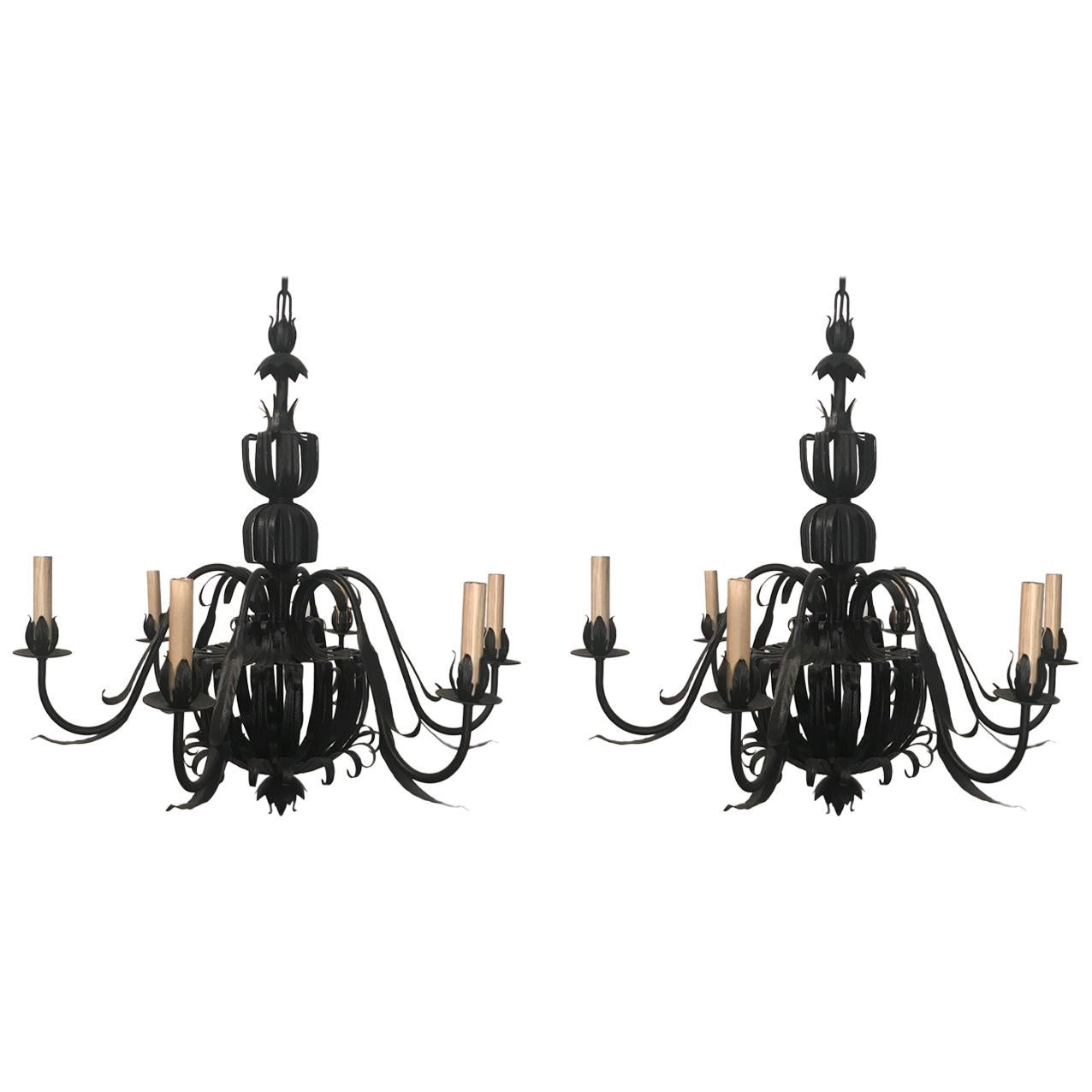 Pair of Italian Wrought- Iron Midcentury Six-Light Chandeliers For Sale