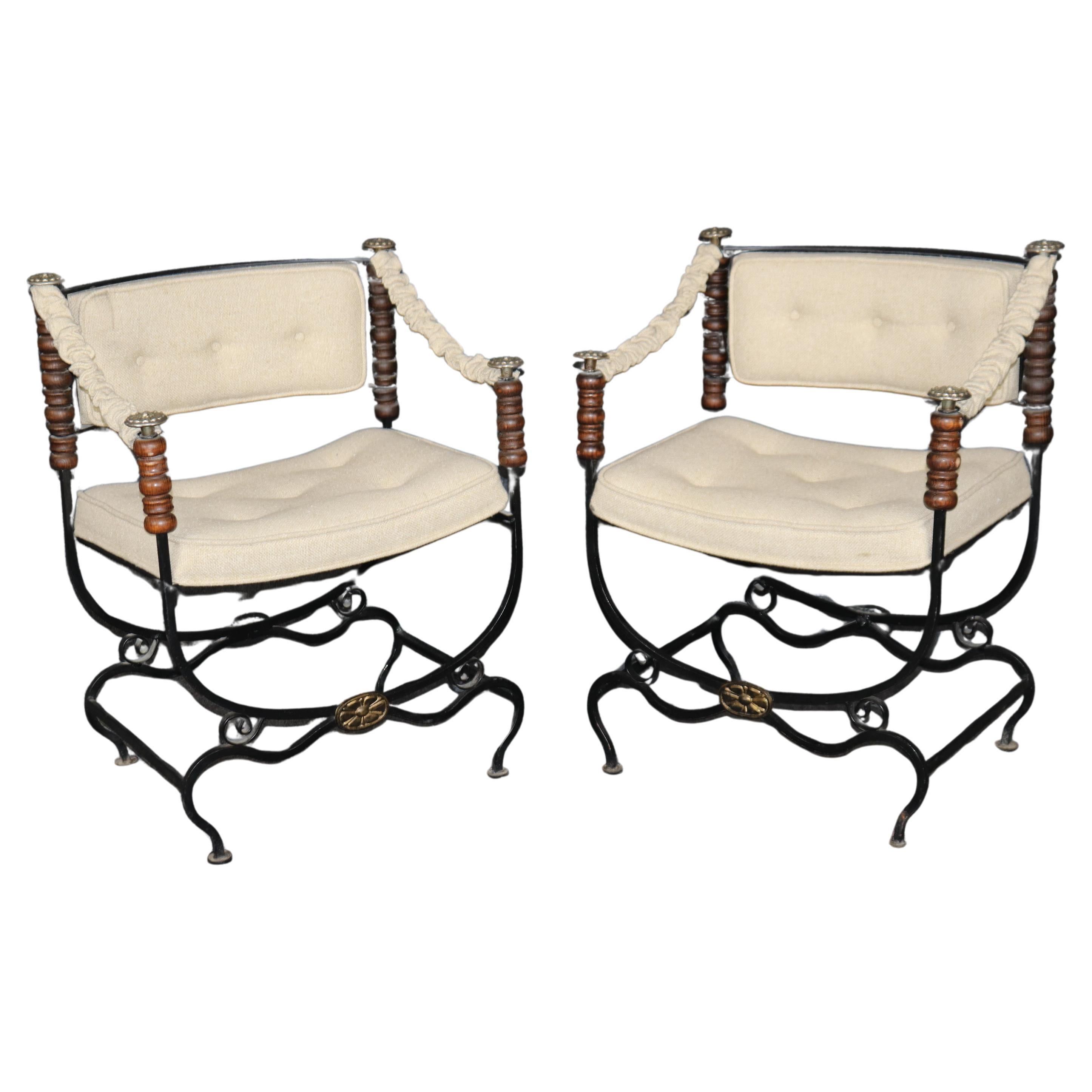 Pair of Italian wrought Iron Upholstered Savonarolla Style Armchairs with Brass