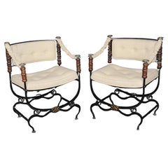 Pair of Italian wrought Iron Upholstered Savonarolla Style Armchairs with Brass