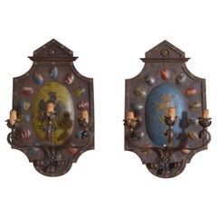 Pair of Italian Wrought & Painted Iron & Metal 3-Light Stemma Wall Sconces