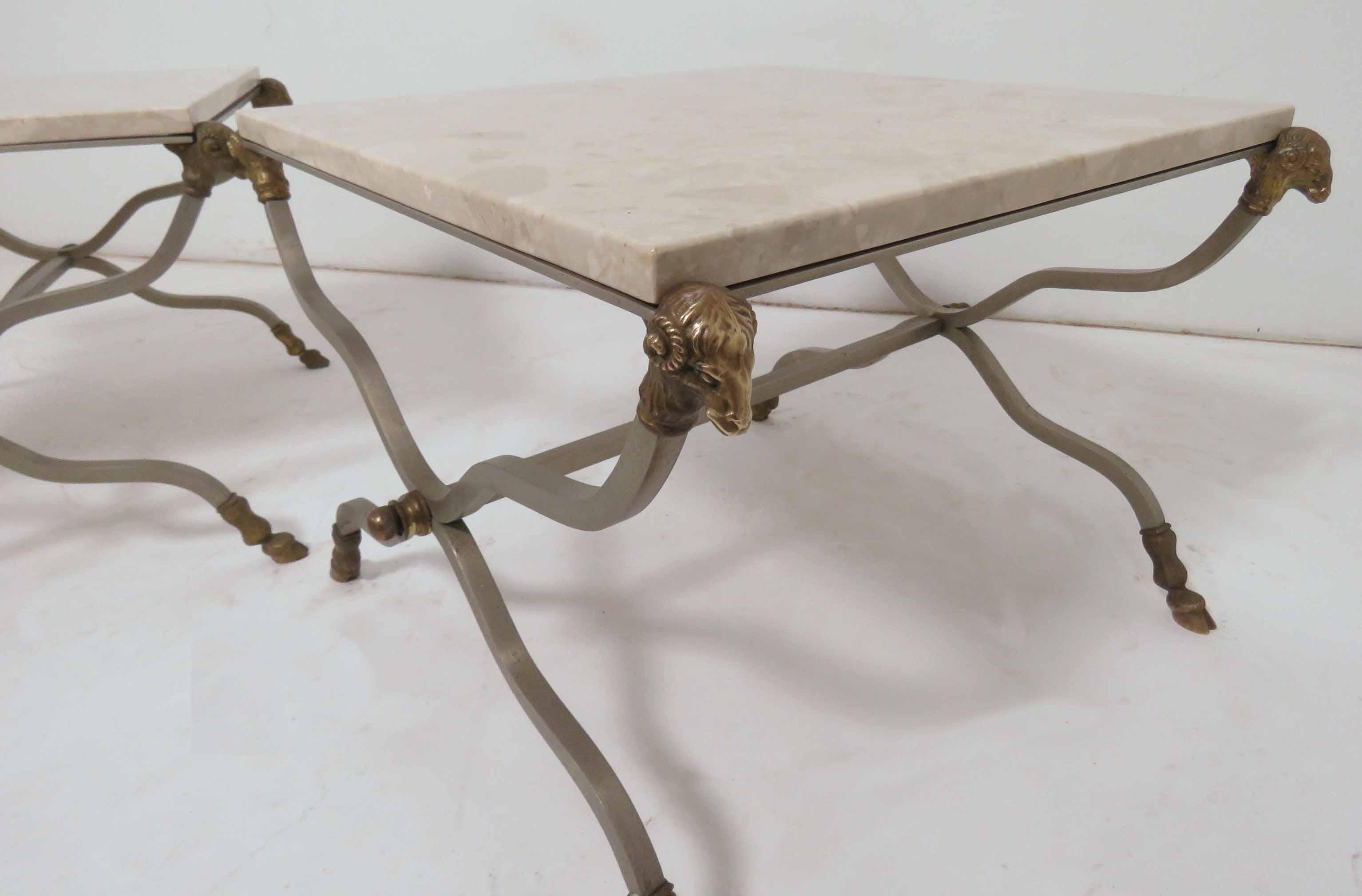 Hollywood Regency Pair of Italian X-Form End Tables with Ram's Head Accents and Travertine Tops