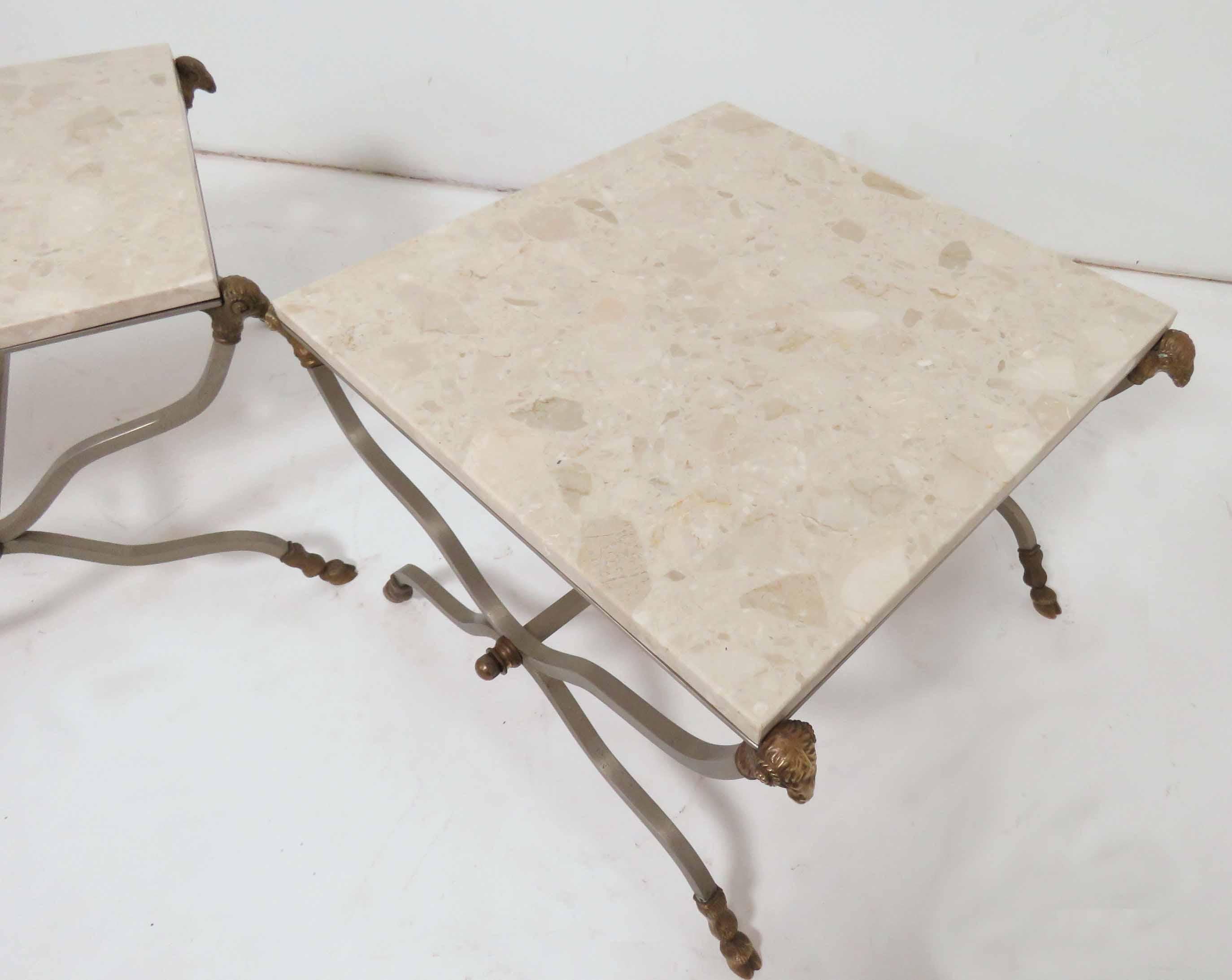 Brushed Pair of Italian X-Form End Tables with Ram's Head Accents and Travertine Tops