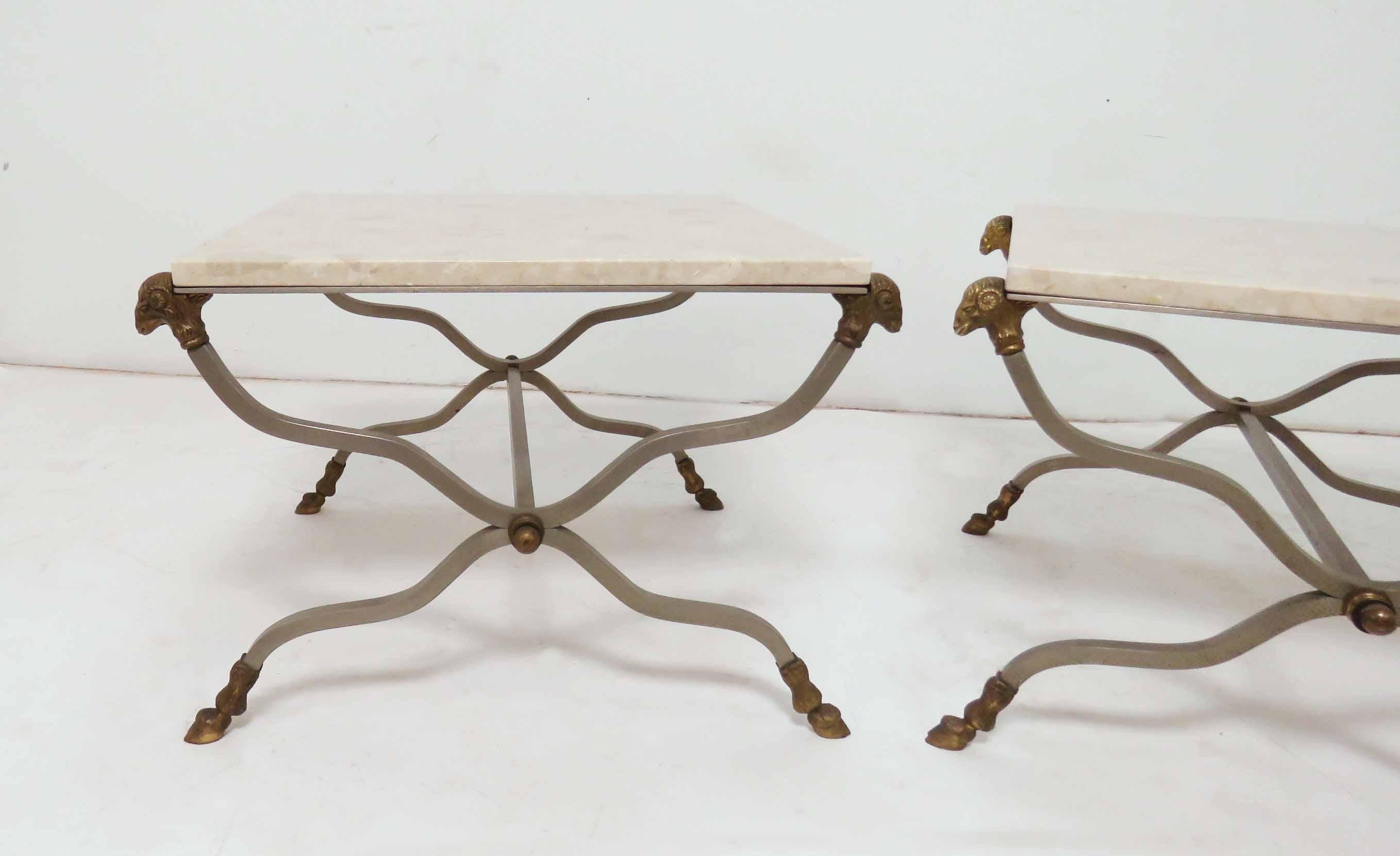 Mid-20th Century Pair of Italian X-Form End Tables with Ram's Head Accents and Travertine Tops