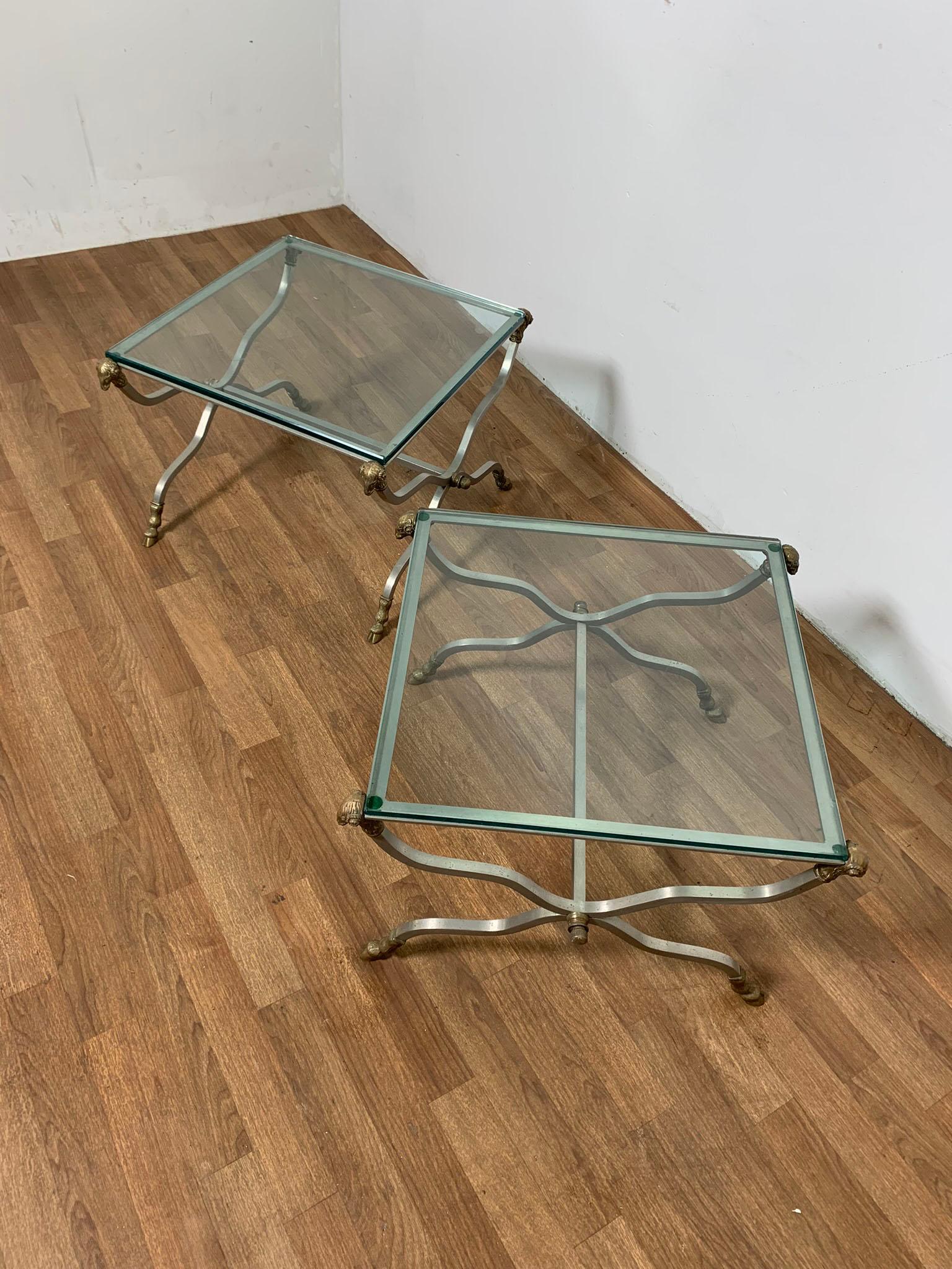Mid-20th Century Pair of Italian X-Form End Tables with Ram's Head Accents Circa 1960s For Sale