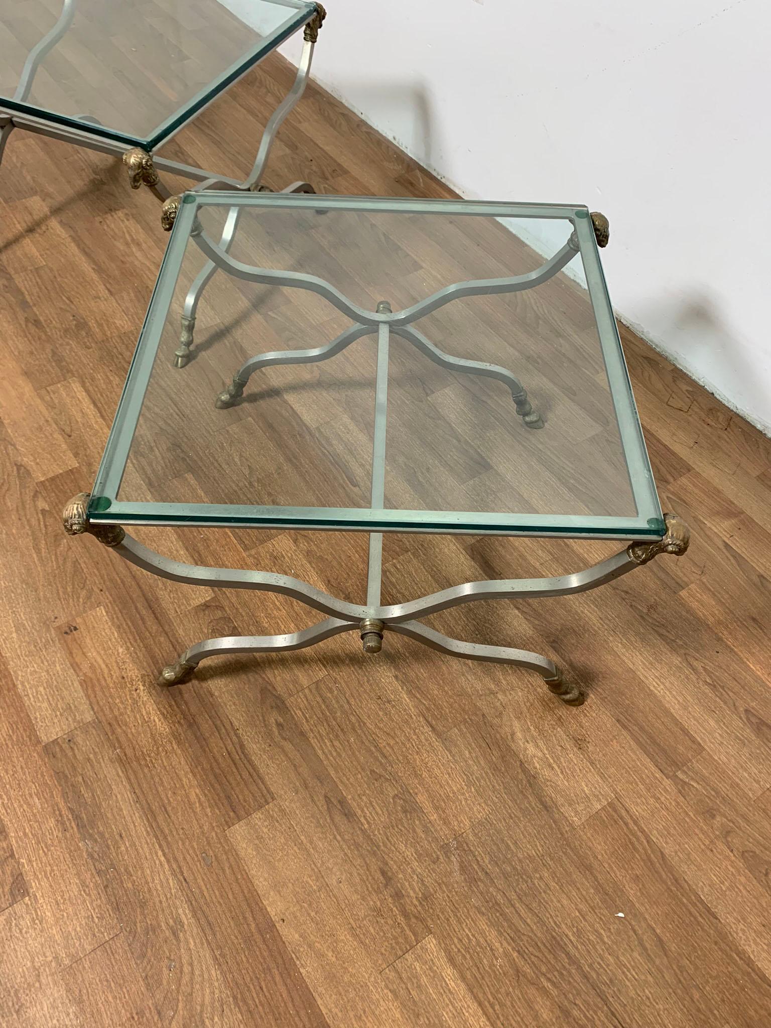 Brass Pair of Italian X-Form End Tables with Ram's Head Accents Circa 1960s For Sale