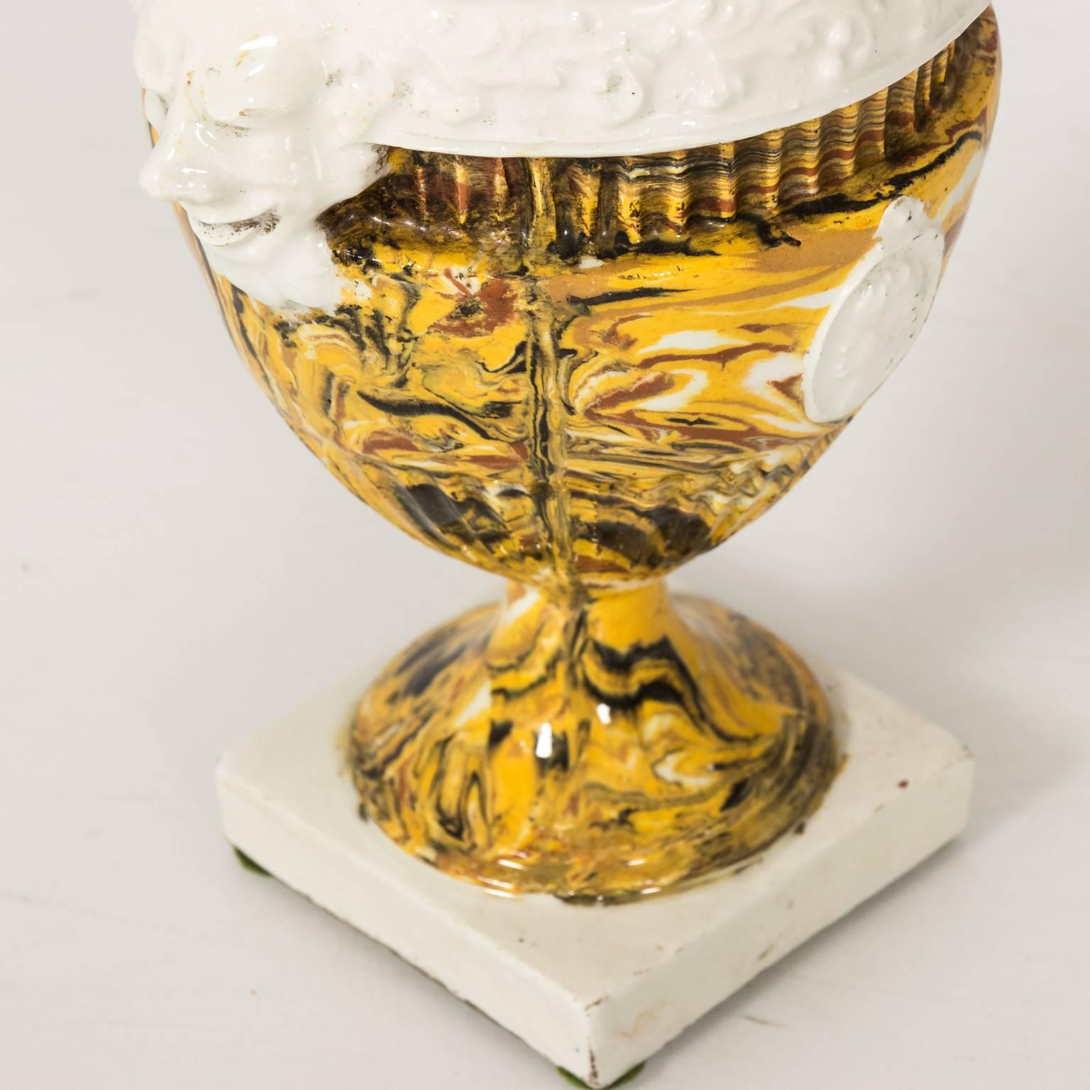 Neoclassical Revival Pair of Italian Yellow Agateware Urns