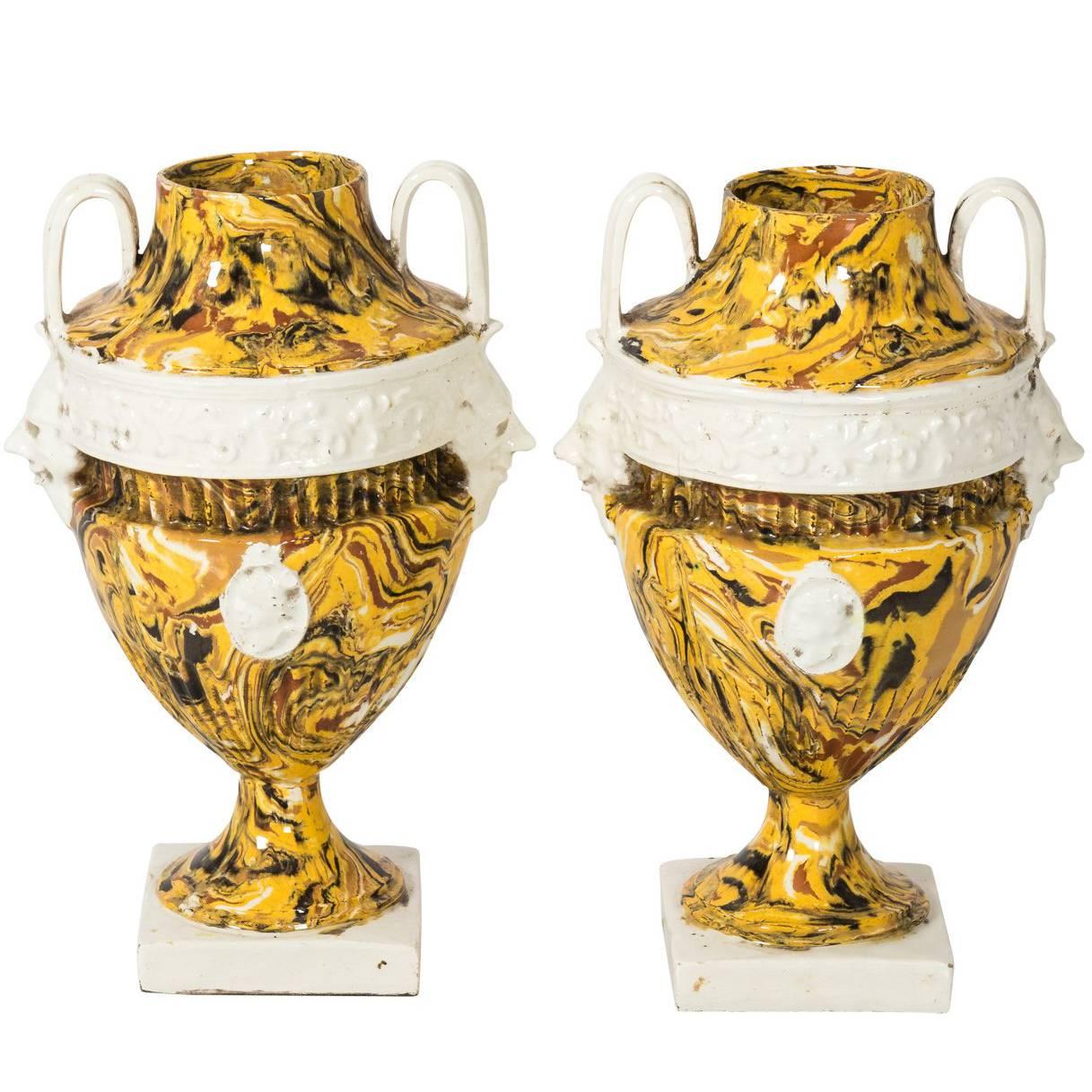 Pair of Italian Yellow Agateware Urns