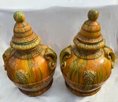 Pair of  Italian Yellow and Green Earthenware Glazed Urns with Removable Lids