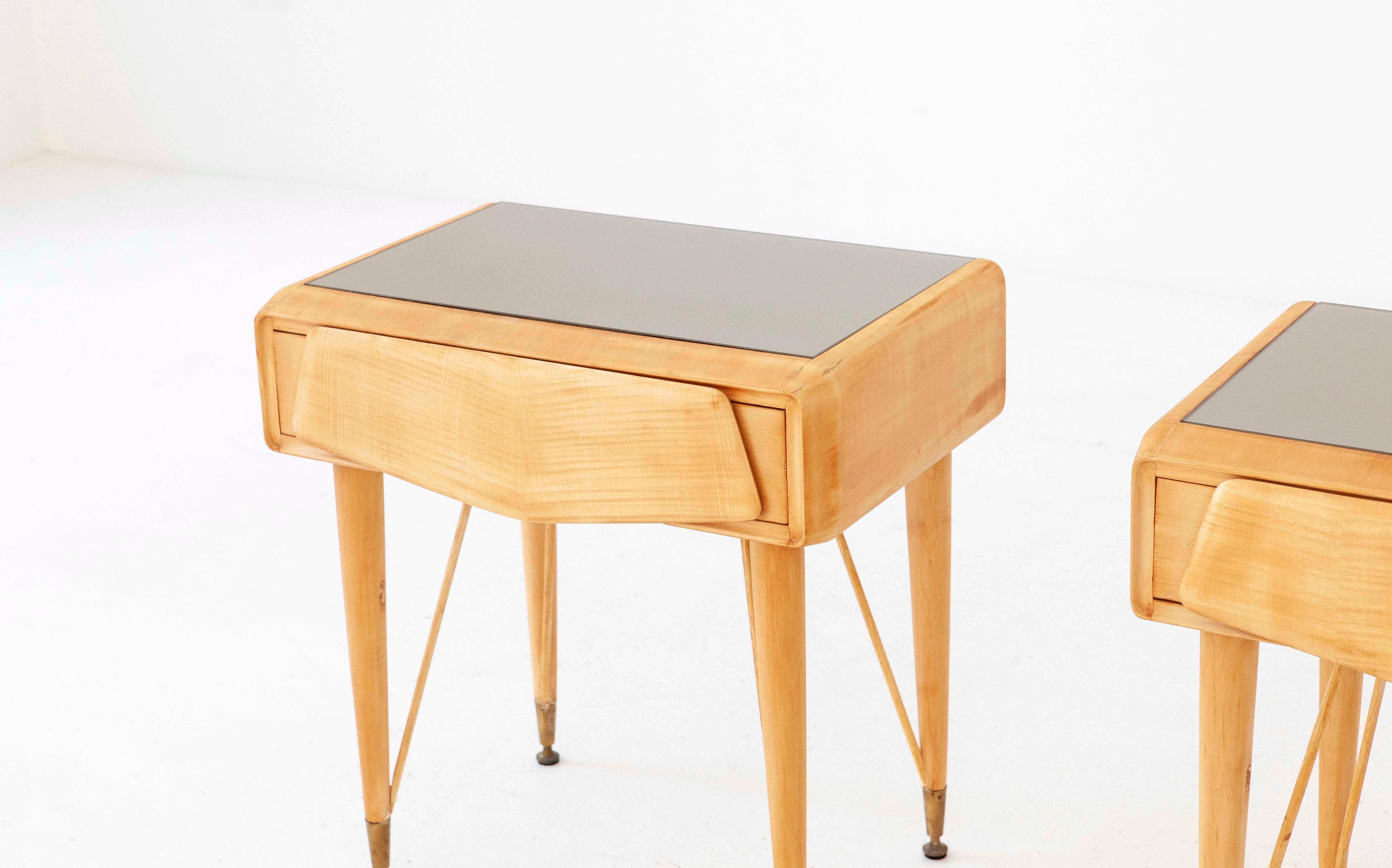 Pair of Italian Yellow Maple Wood and Grey Glass Bedside Tables, 1950s 1