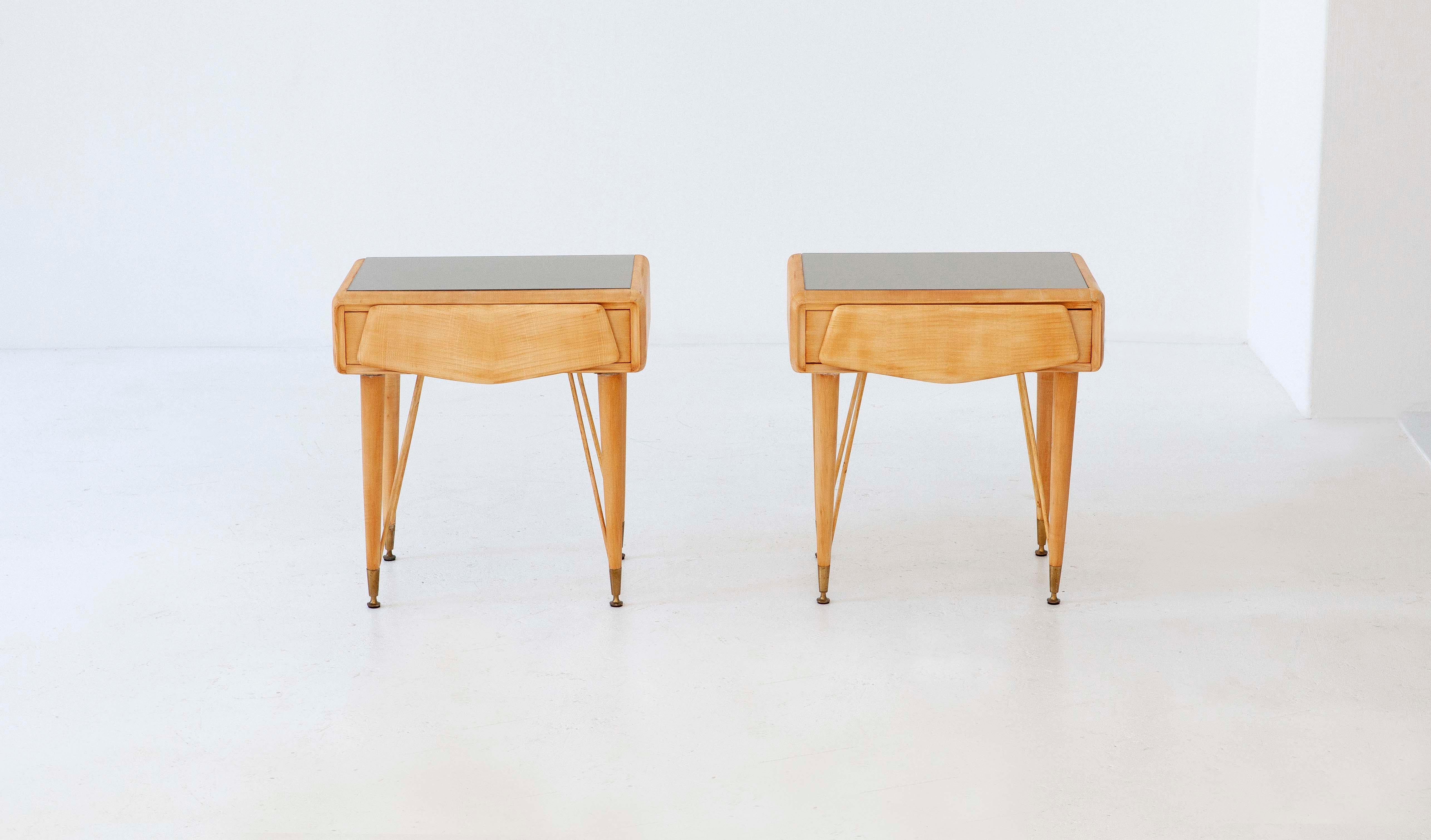 Pair of Italian Yellow Maple Wood and Grey Glass Bedside Tables, 1950s 2