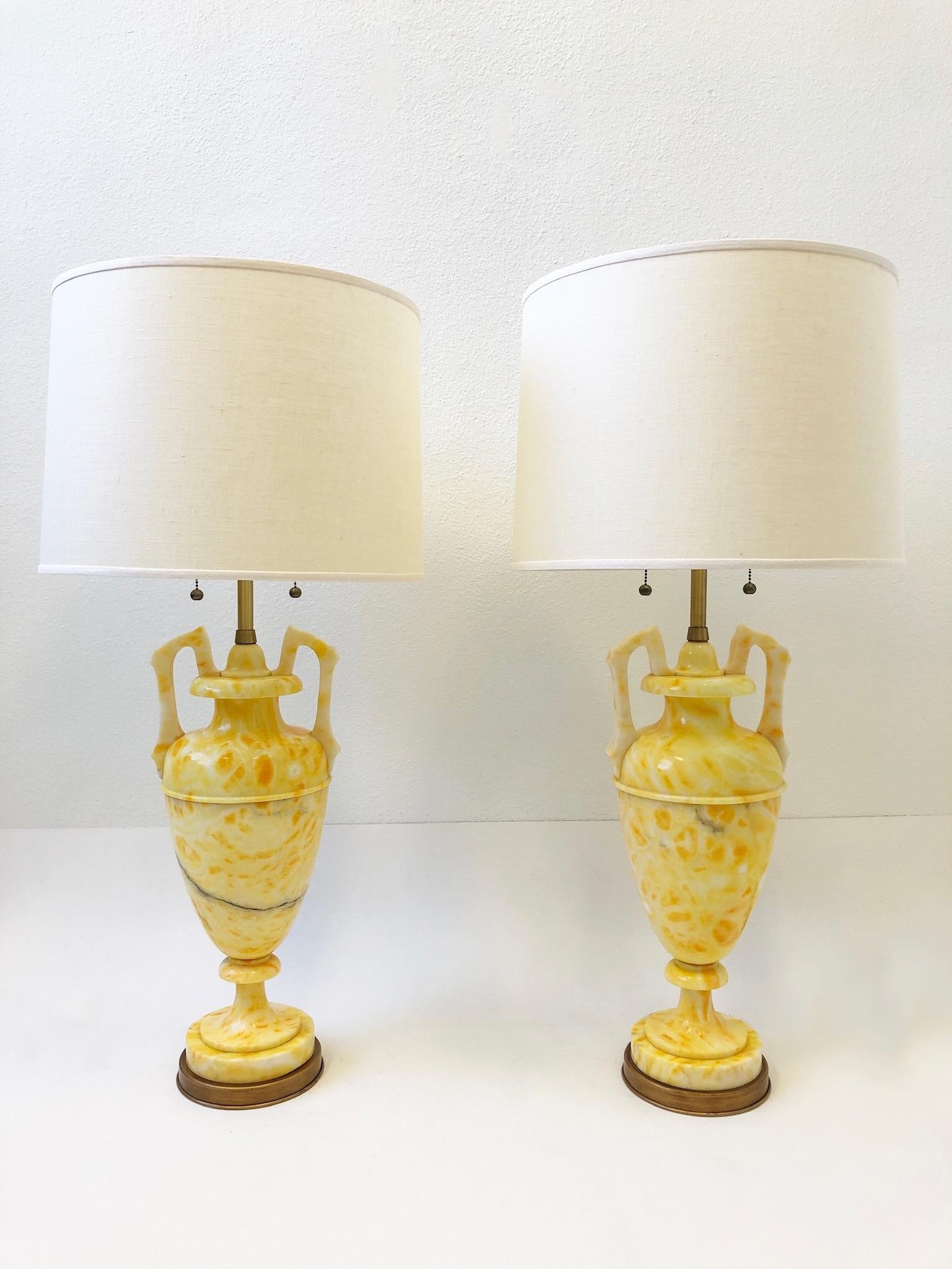 Pair of Italian Yellow Marble and Brass Table Lamps by Marbro Lamp Co. For Sale 2