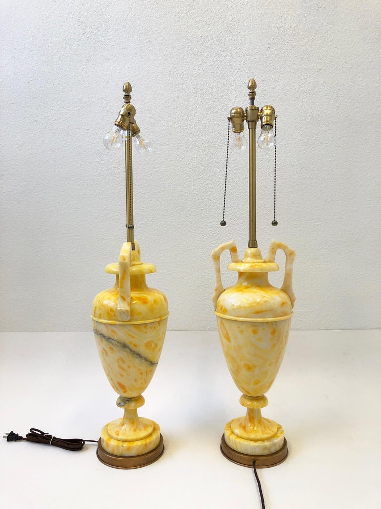 Pair of Italian Yellow Marble and Brass Table Lamps by Marbro Lamp Co