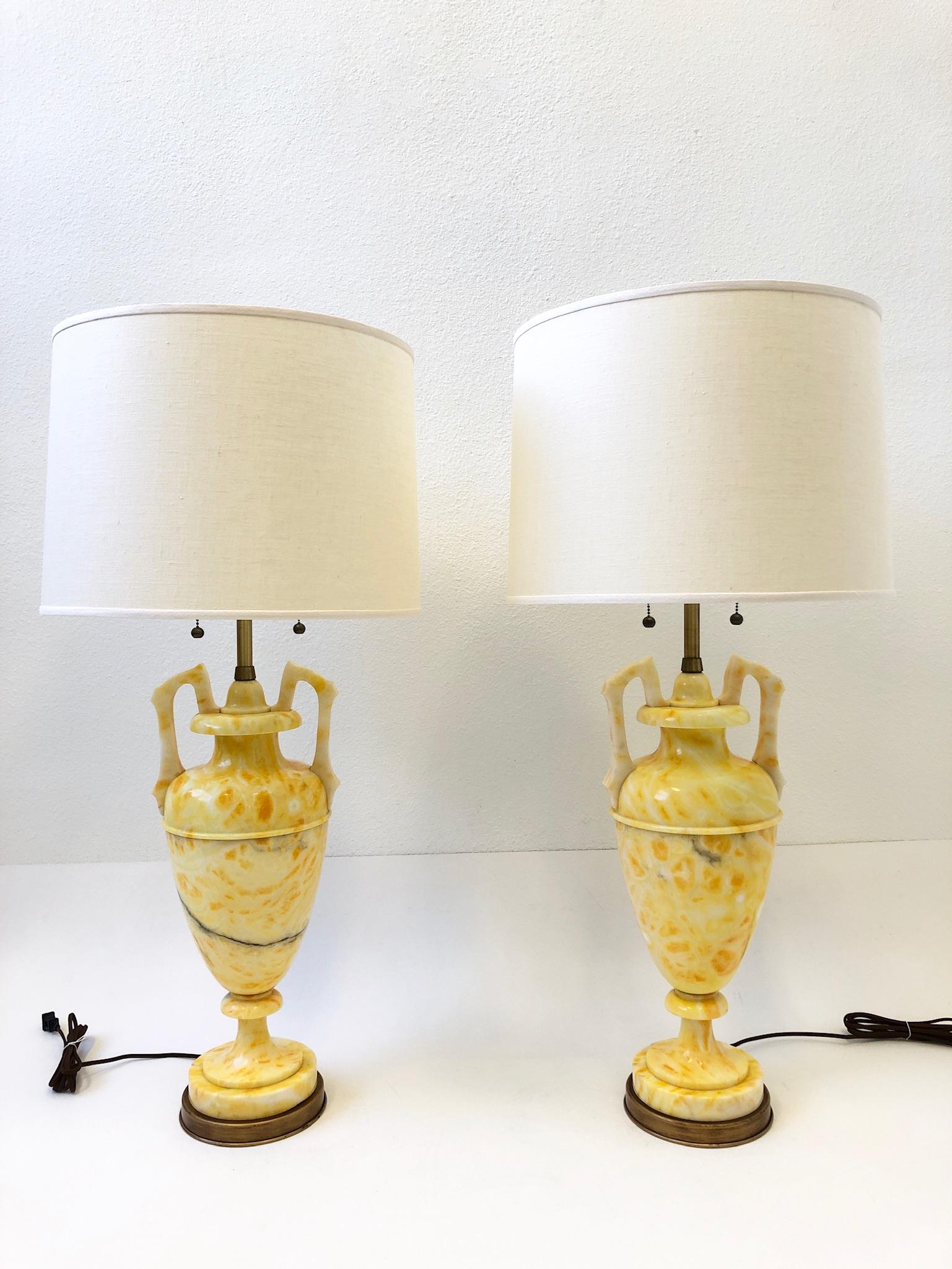 Polished Pair of Italian Yellow Marble and Brass Table Lamps by Marbro Lamp Co. For Sale