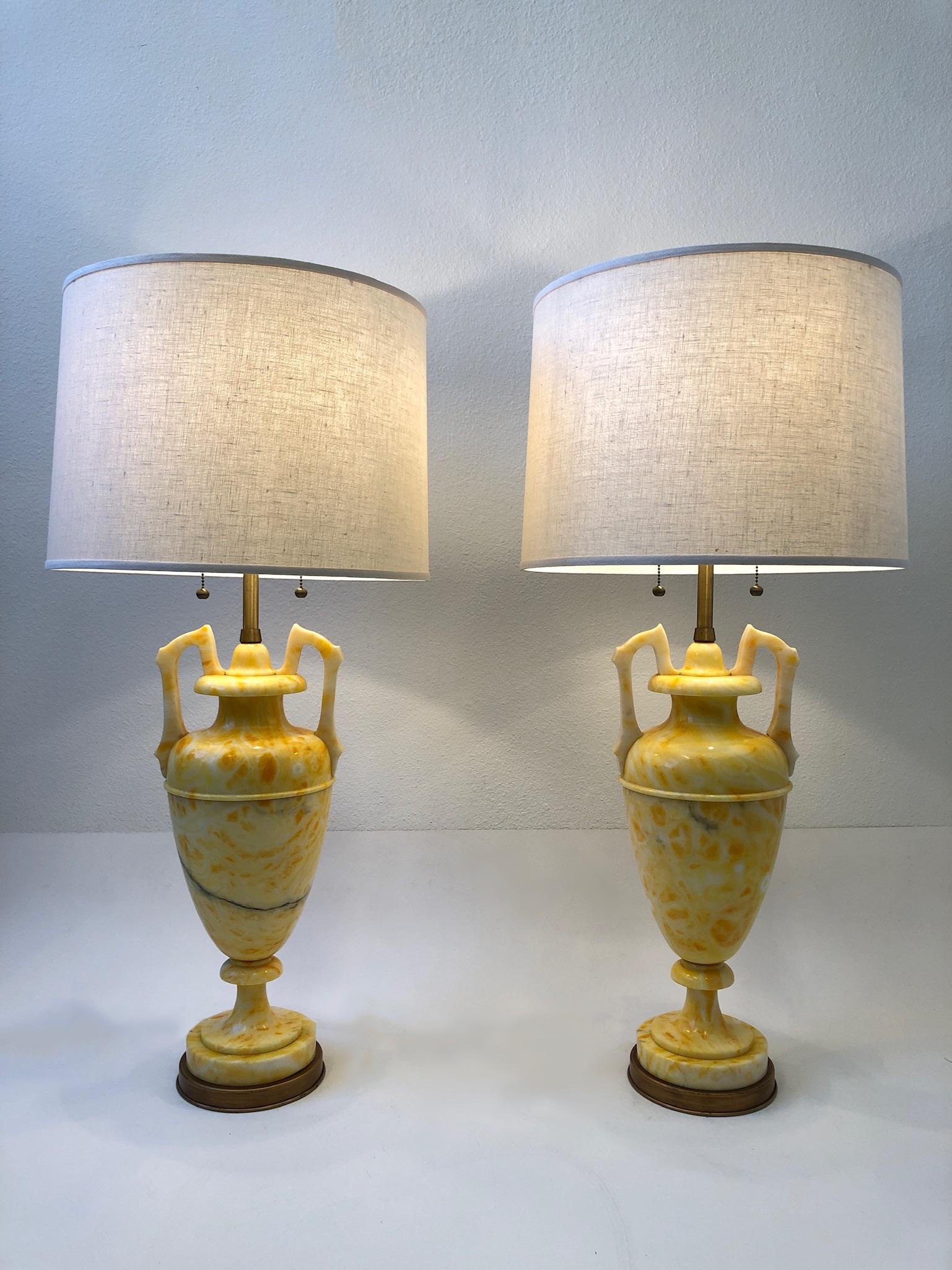 Pair of Italian Yellow Marble and Brass Table Lamps by Marbro Lamp Co. In Good Condition For Sale In Palm Springs, CA