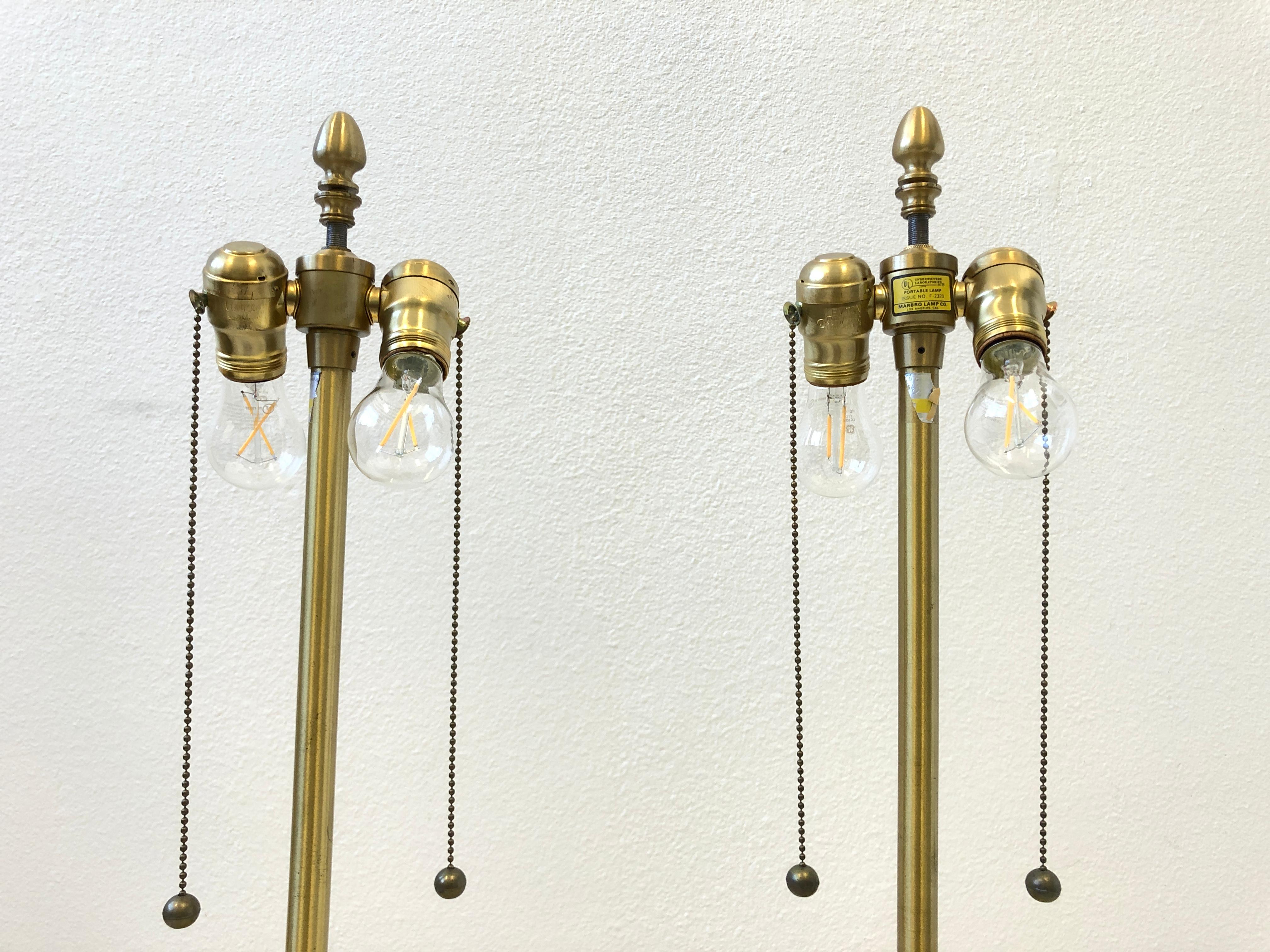 Mid-20th Century Pair of Italian Yellow Marble and Brass Table Lamps by Marbro Lamp Co. For Sale