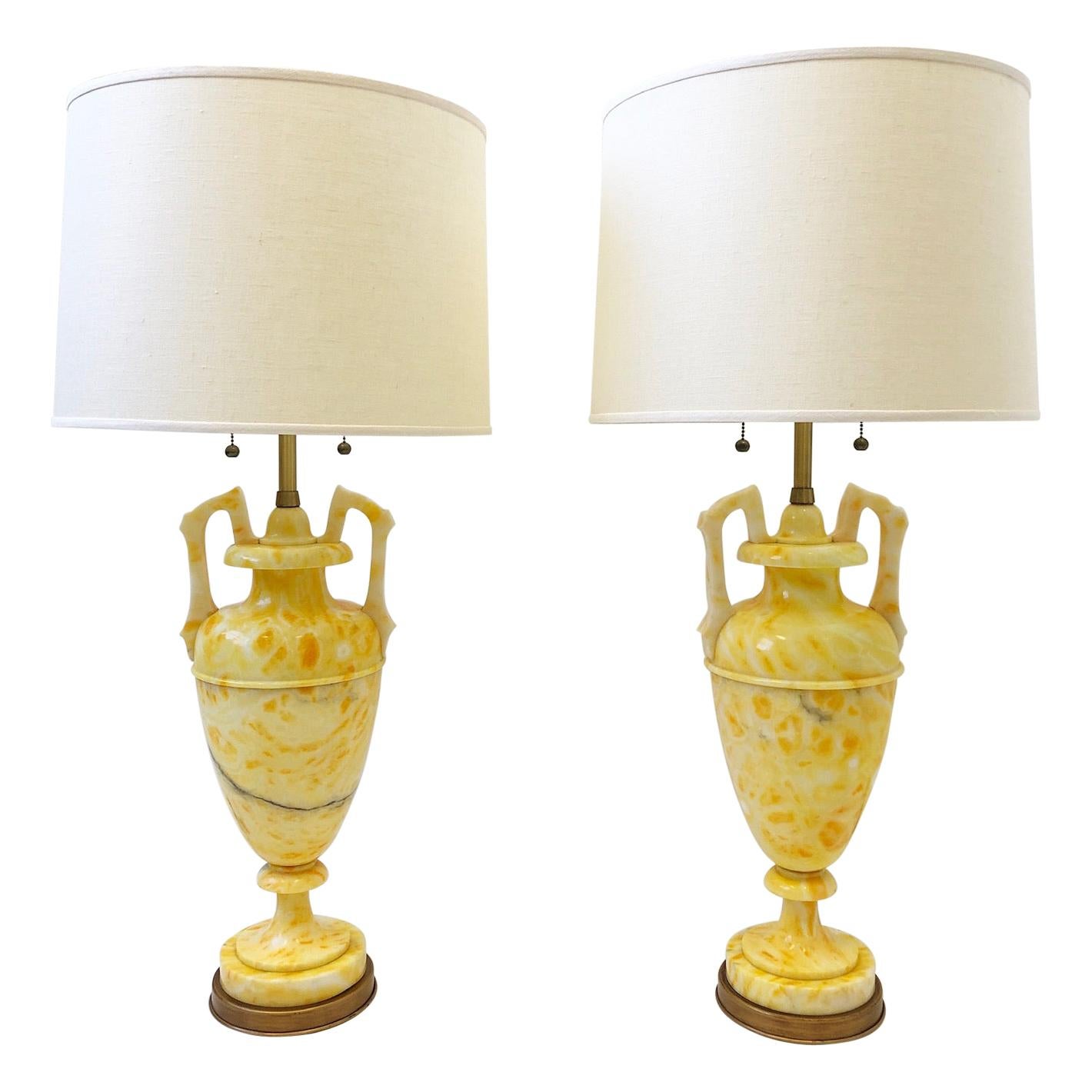 Pair of Italian Yellow Marble and Brass Table Lamps by Marbro Lamp Co.