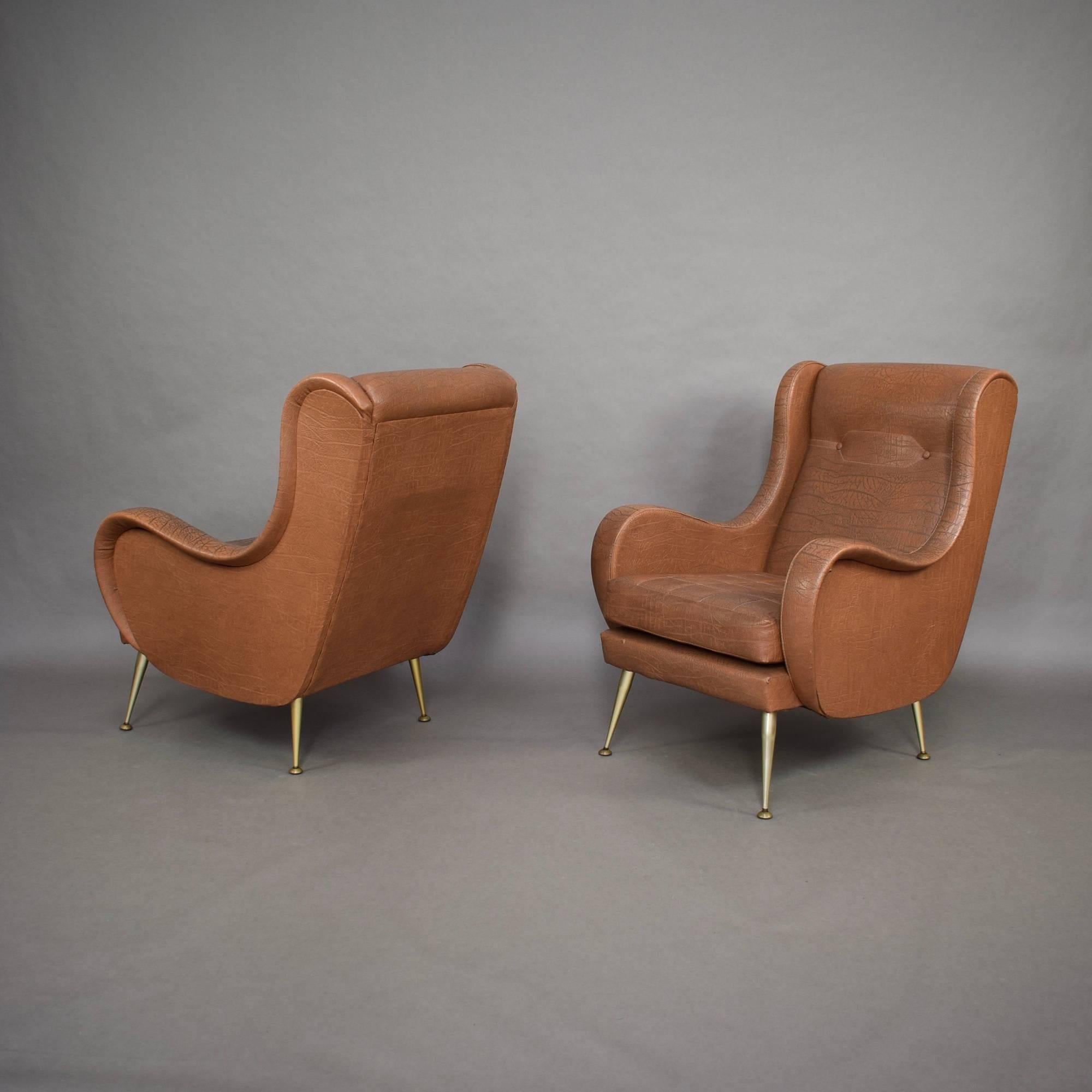 Faux Leather Pair of Italian Aldo Morbelli Lounge Armchairs, 1950s For Sale