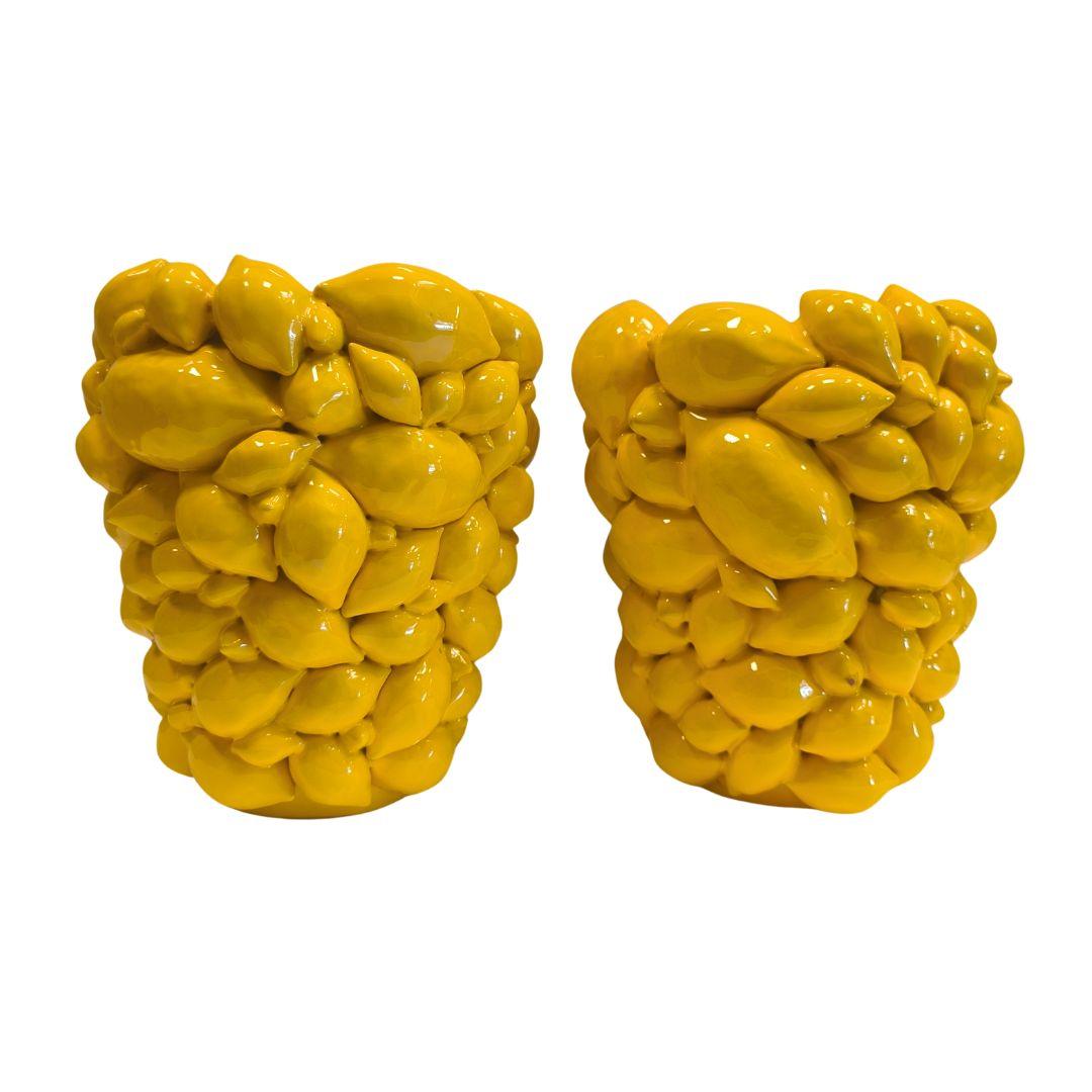 Pair of Italy  lemon vases, Yellow glazed ceramic, R. Acampora, Limited Edition For Sale 8