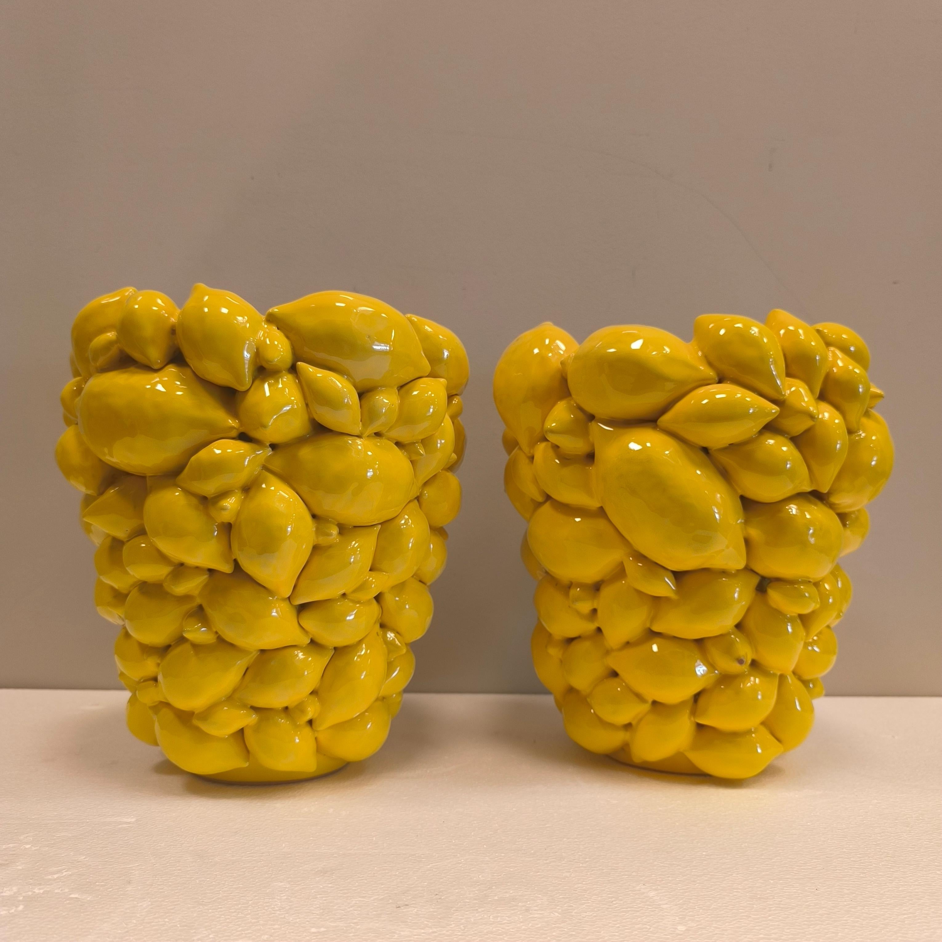 Pair of Italy  lemon vases, Yellow glazed ceramic, R. Acampora, Limited Edition For Sale 9
