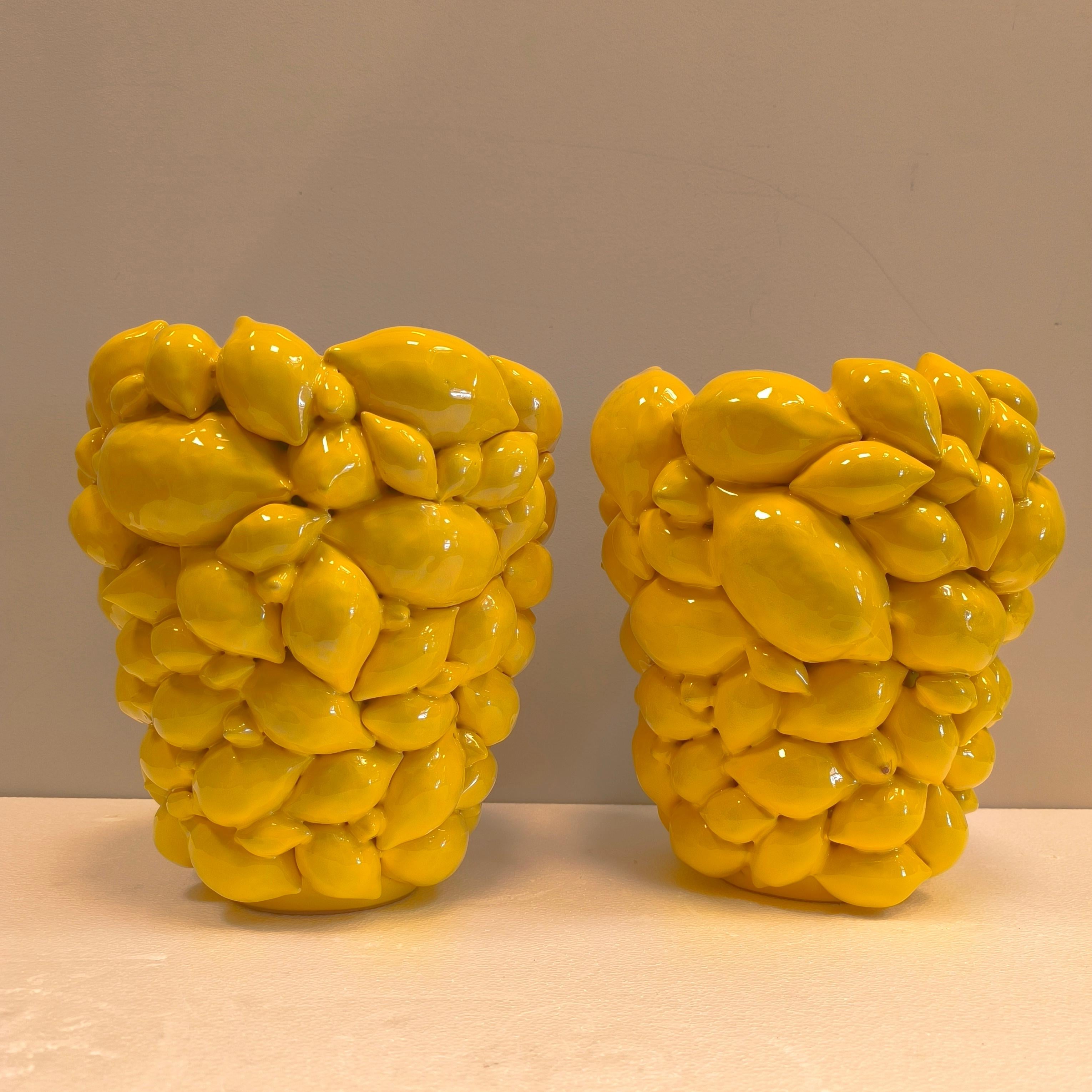 Contemporary Pair of Italy  lemon vases, Yellow glazed ceramic, R. Acampora, Limited Edition For Sale