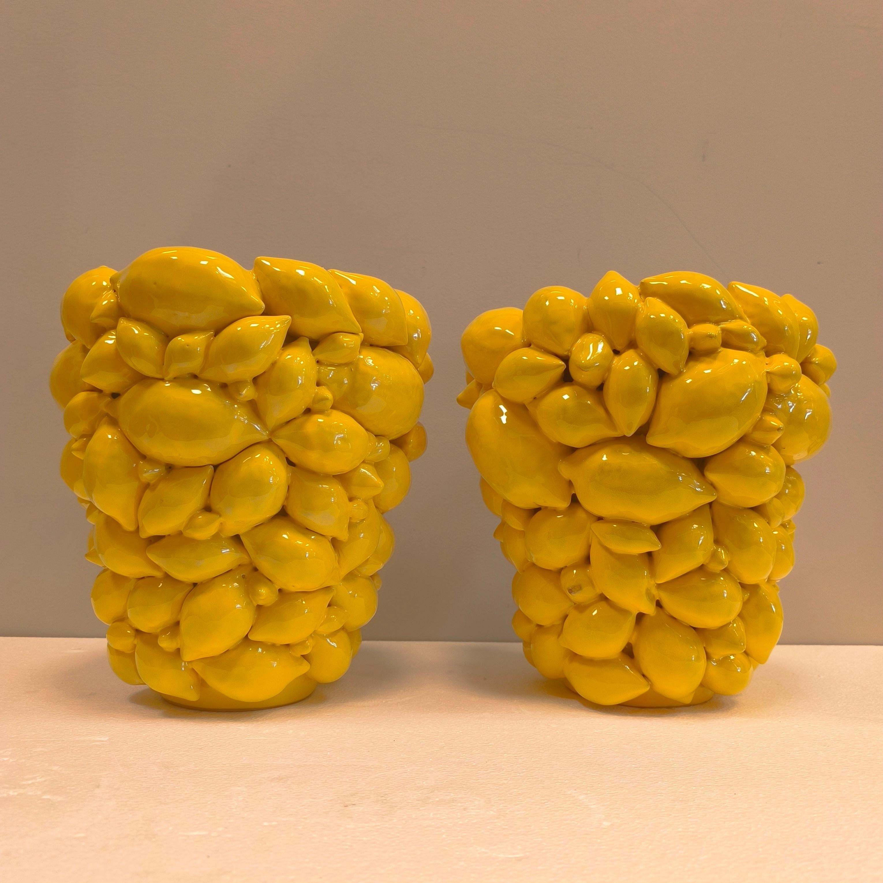 Ceramic Pair of Italy  lemon vases, Yellow glazed ceramic, R. Acampora, Limited Edition For Sale