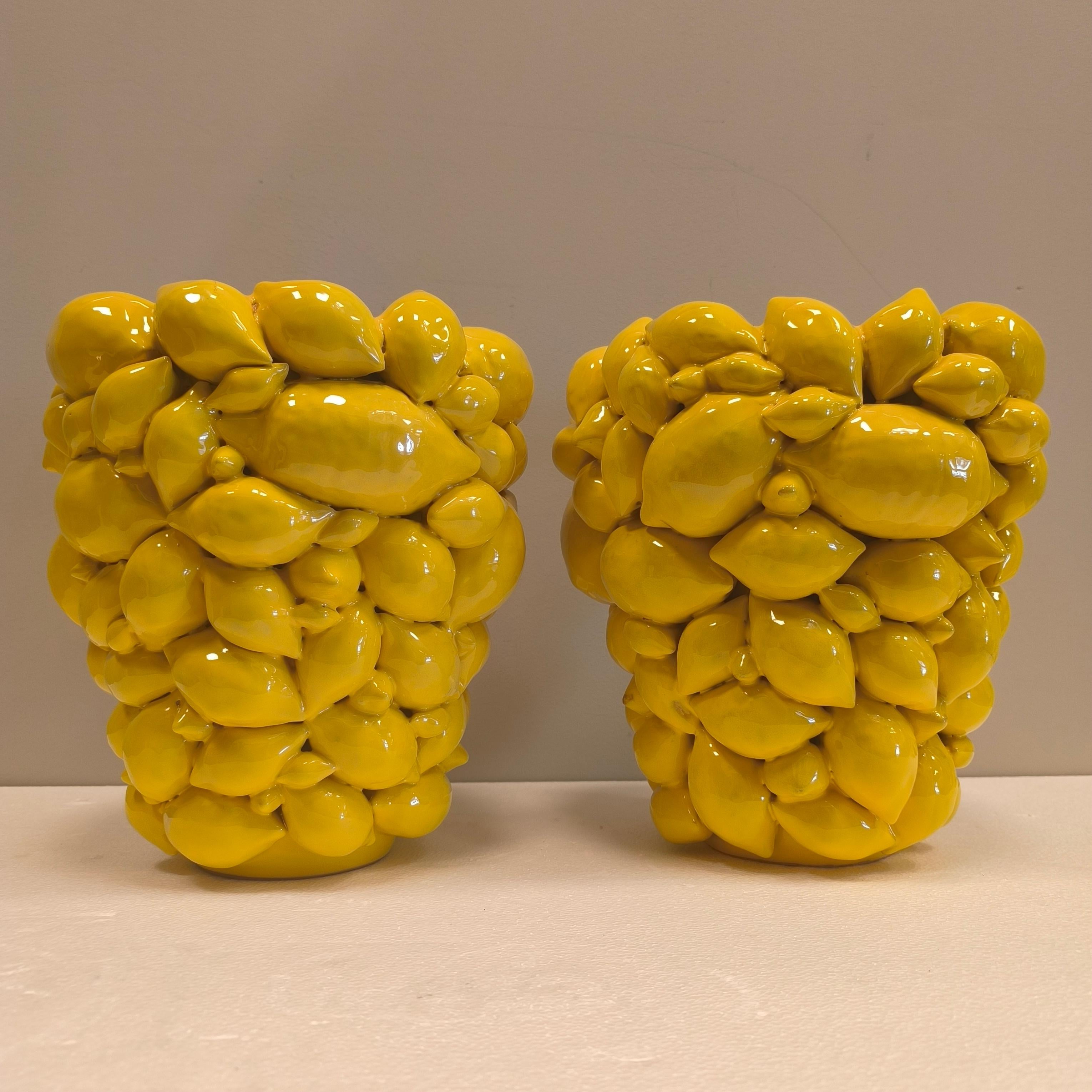 Pair of Italy  lemon vases, Yellow glazed ceramic, R. Acampora, Limited Edition For Sale 1