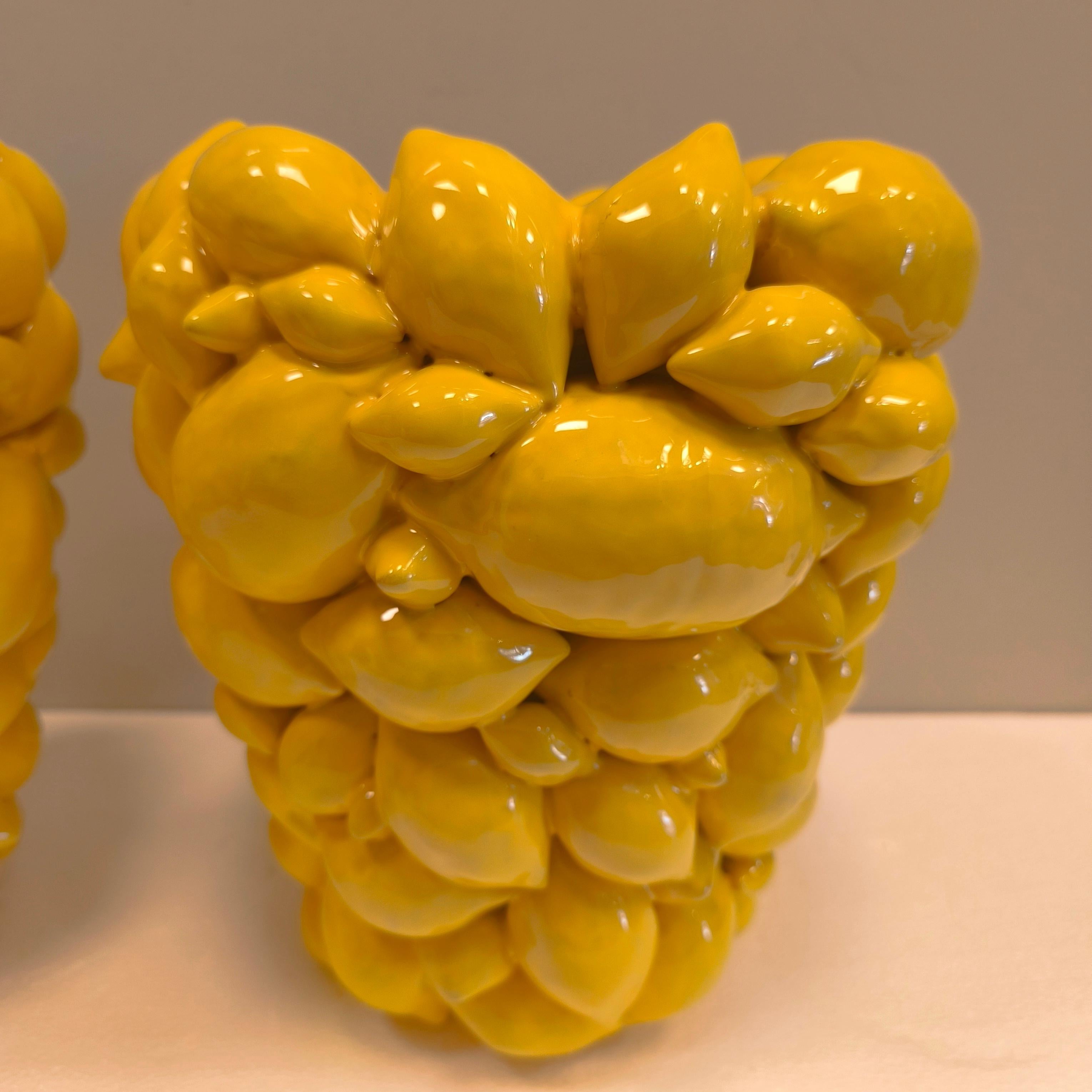 Pair of Italy  lemon vases, Yellow glazed ceramic, R. Acampora, Limited Edition For Sale 2