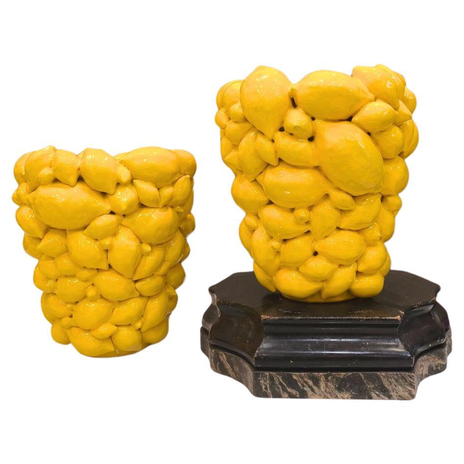 Pair of Italy  lemon vases, Yellow glazed ceramic, R. Acampora, Limited Edition For Sale