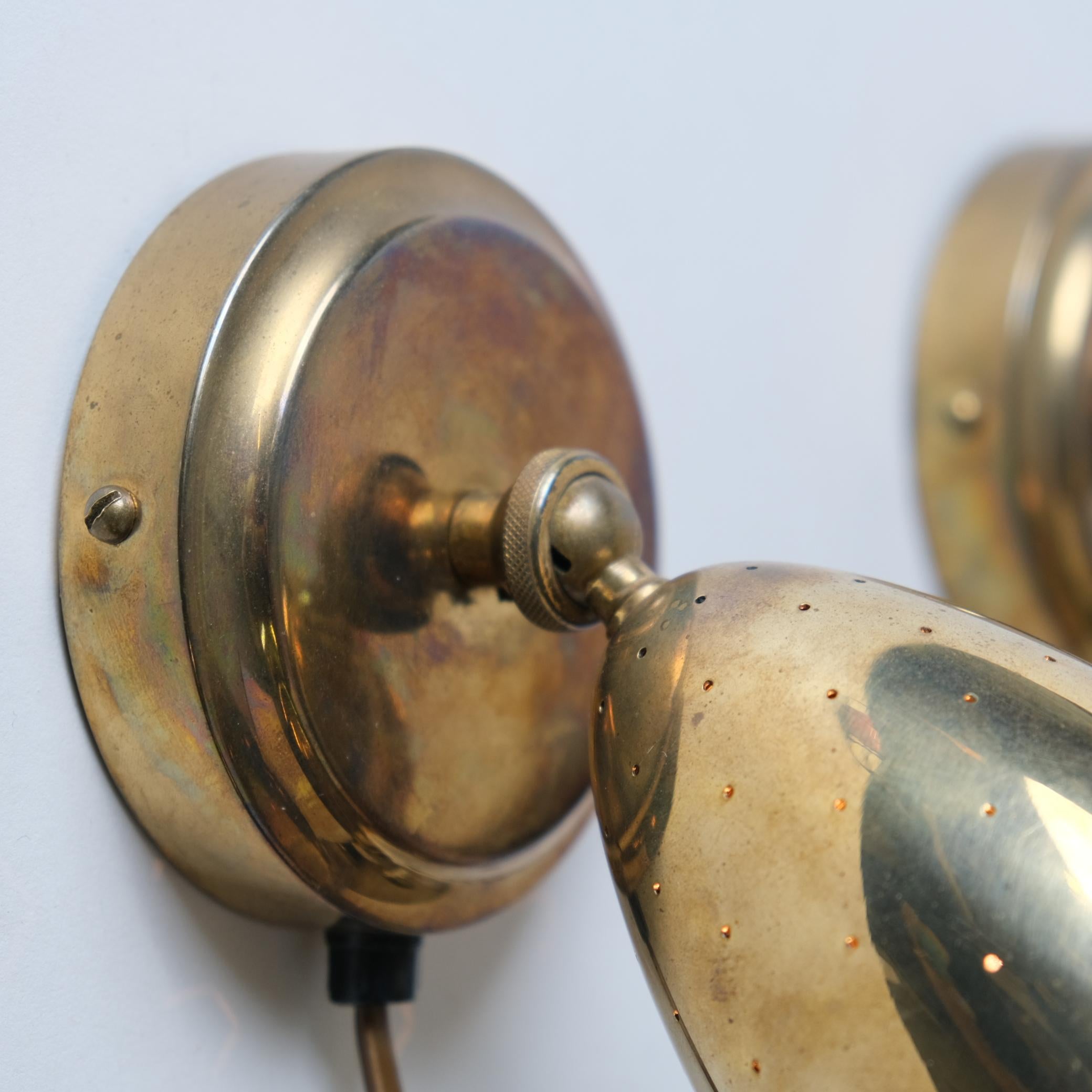 Finnish Pair Of Itsu Adjustable Scones Model EY 67 In Perforated Brass, Finland 1950s For Sale