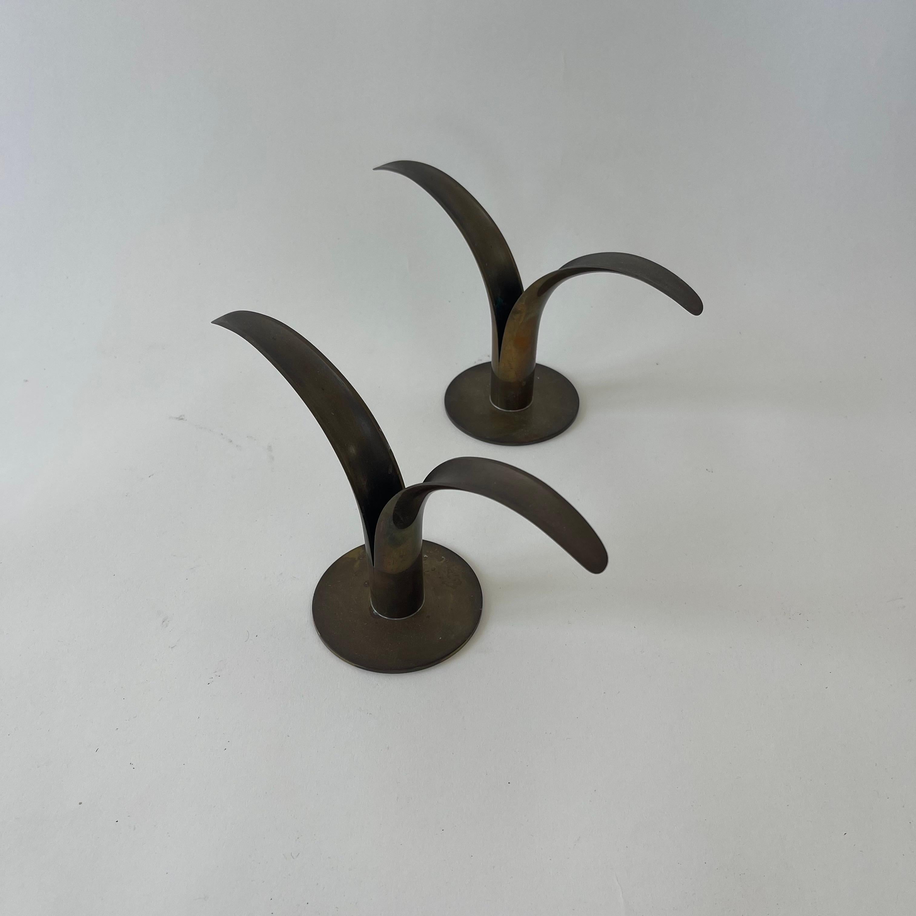 Art Deco Pair of Ivar Ålenius Björk Lijan Lily Brass Candlesticks, Sweden, Circa 1940s For Sale