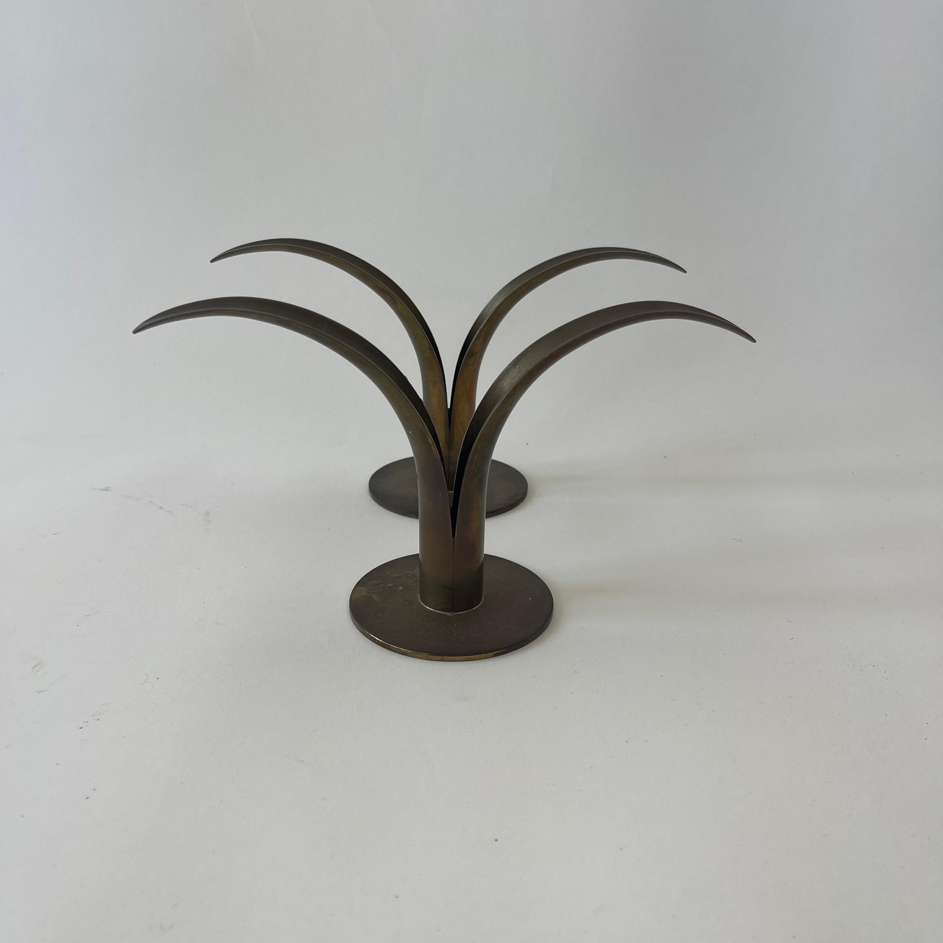 Swedish Pair of Ivar Ålenius Björk Lijan Lily Brass Candlesticks, Sweden, Circa 1940s For Sale