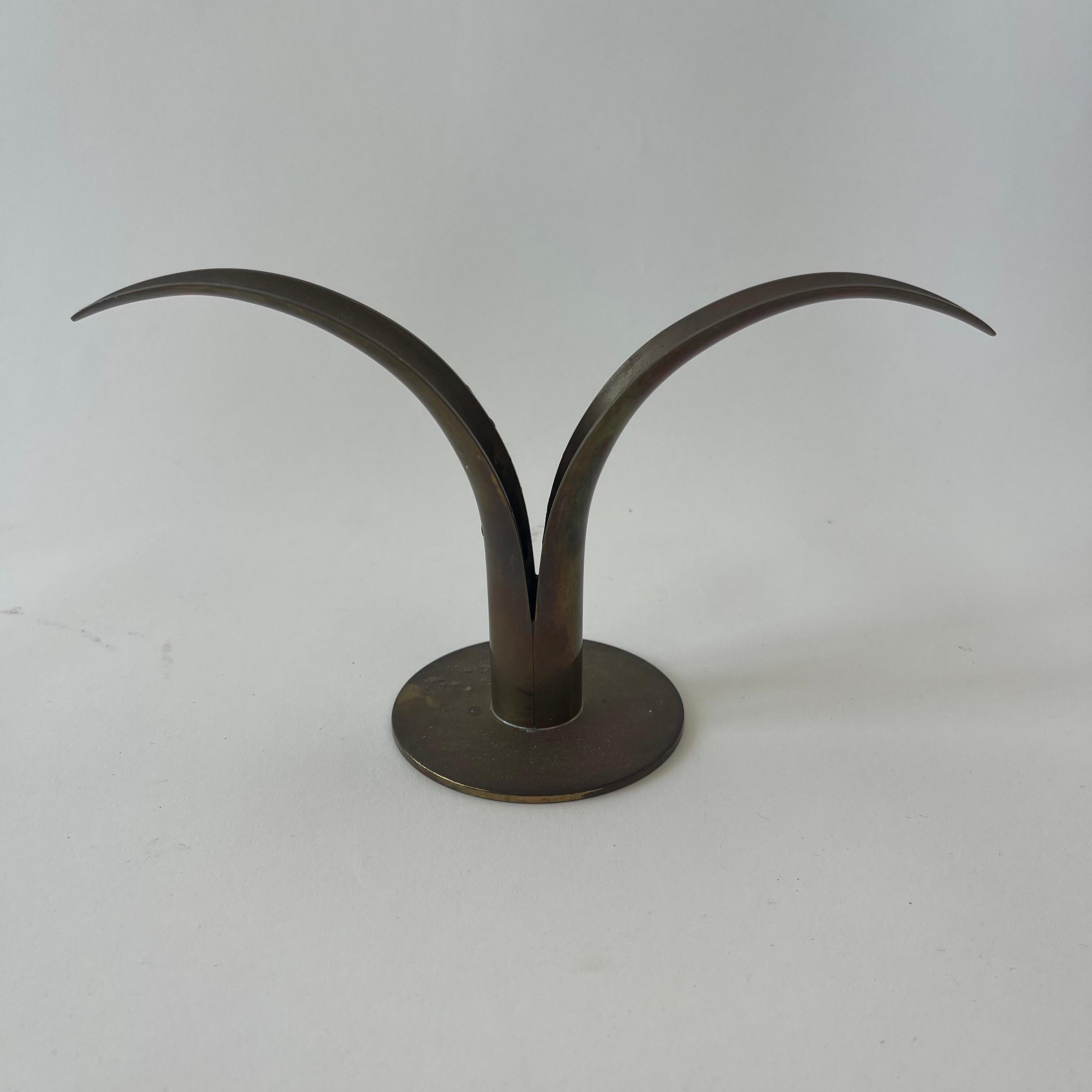 Patinated Pair of Ivar Ålenius Björk Lijan Lily Brass Candlesticks, Sweden, Circa 1940s For Sale