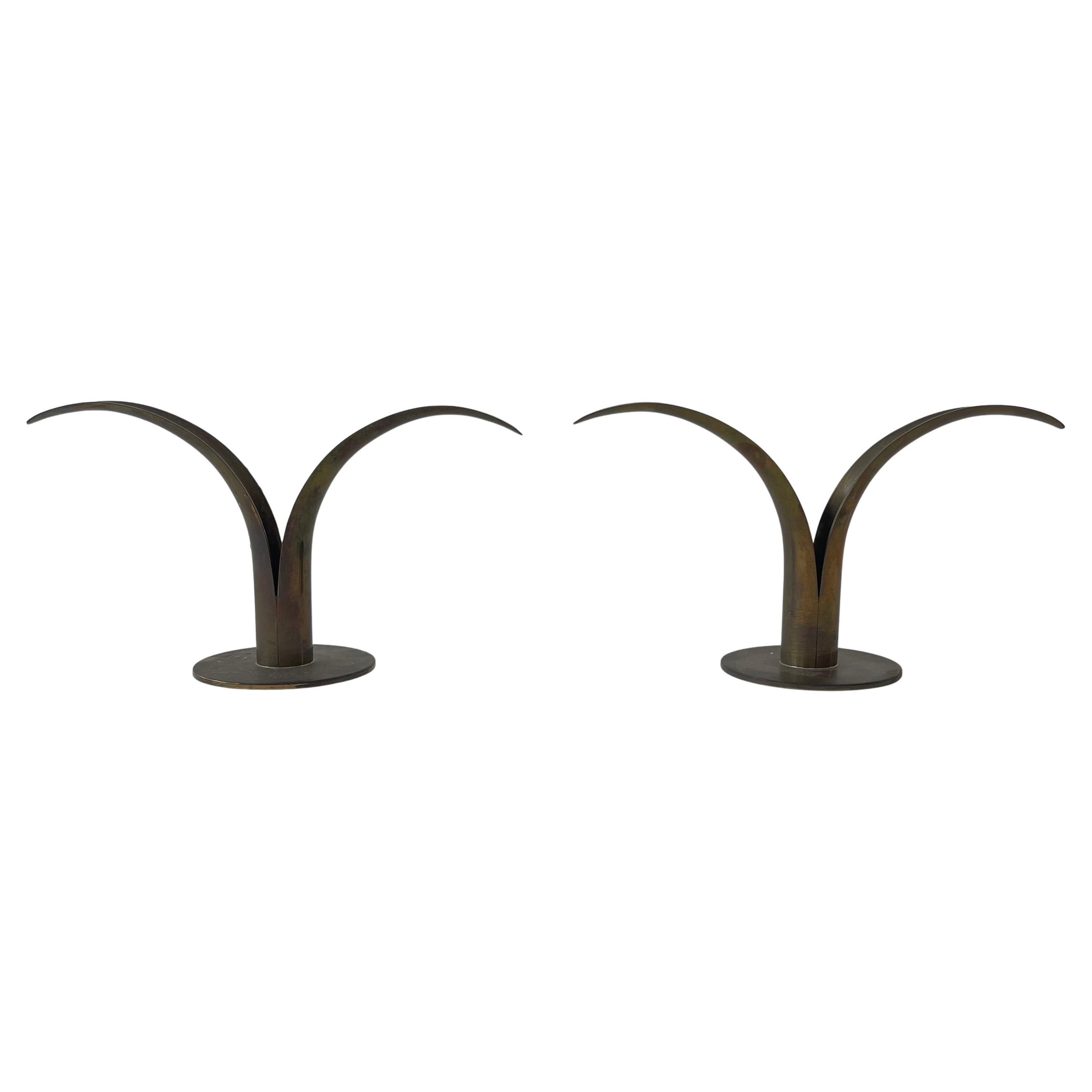 Pair of Ivar Ålenius Björk Lijan Lily Brass Candlesticks, Sweden, Circa 1940s For Sale
